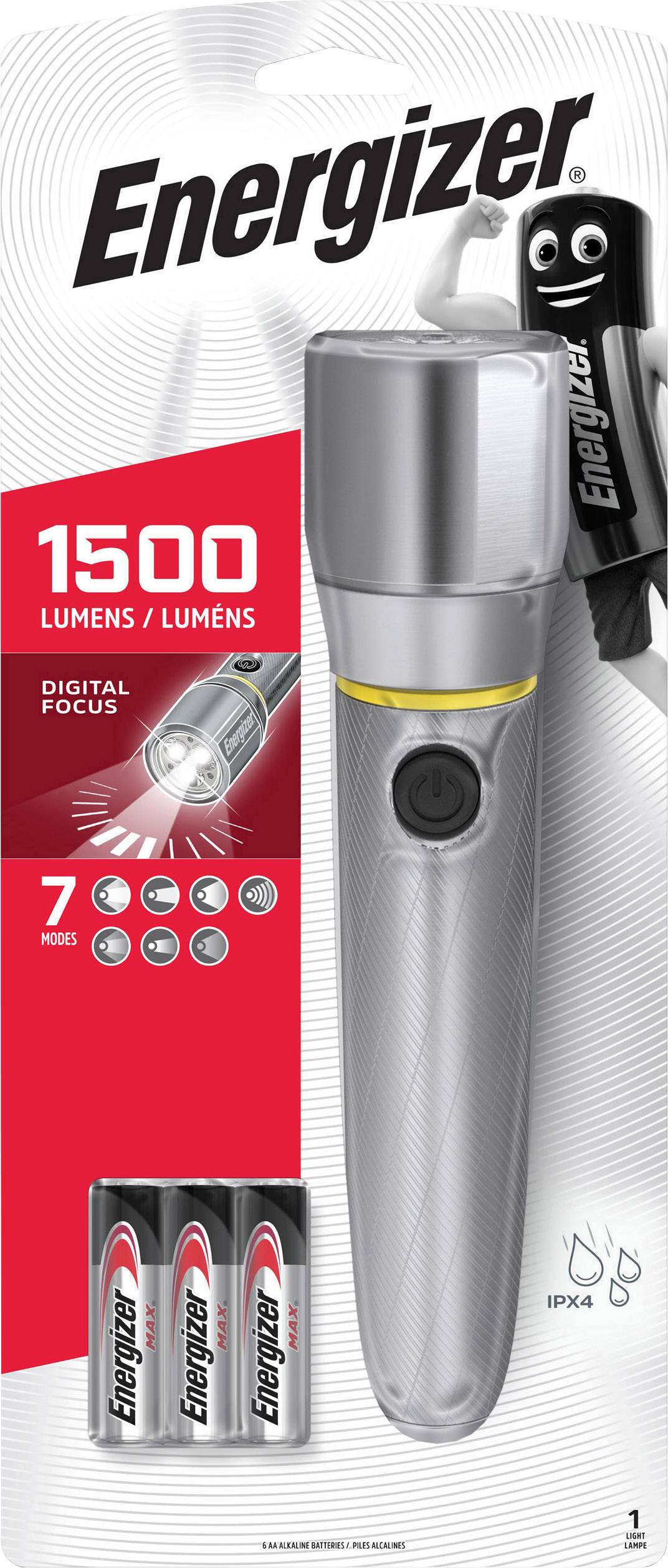 Latarka Energizer z cyfrowym fokusem, 1500 lumenów, 7 trybów świecenia. Zawiera 4 baterie AA. Opakowanie z ilustracją produktu.