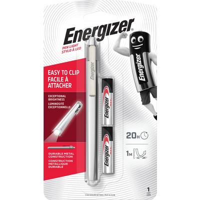 Latarka Energizer z dwoma dołączonymi bateriami AA. Opakowanie przedstawia maskotki i kluczowe cechy: łatwy montaż, wyjątkową jasność, trwałą metalową obudowę.
