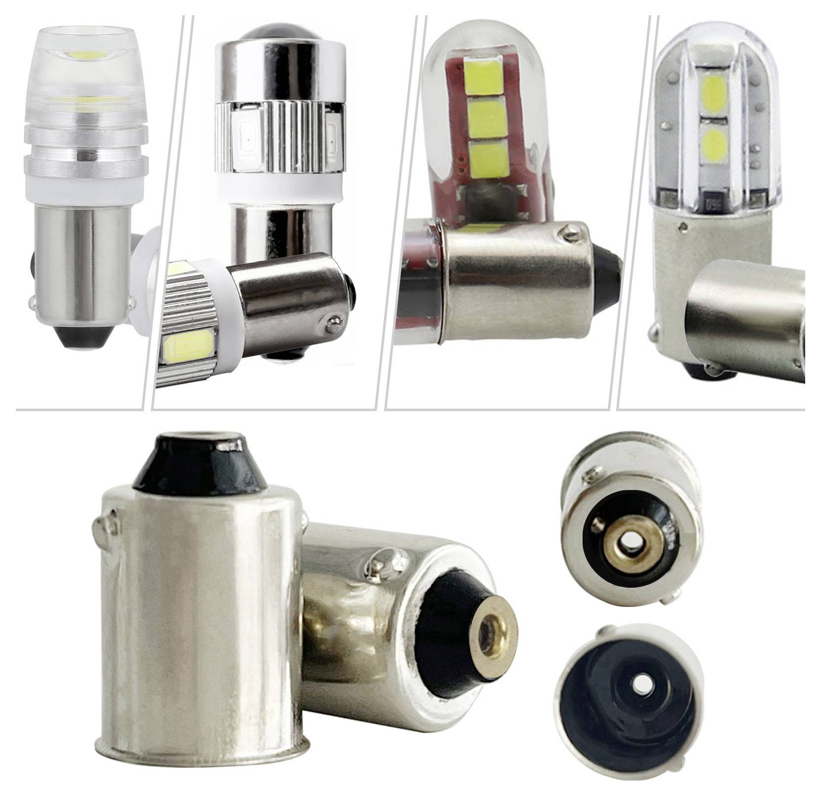 Różne żarówki oświetlenia samochodowego LED wyświetlane z różnych kątów, podkreślające ich kształty i komponenty wewnętrzne.