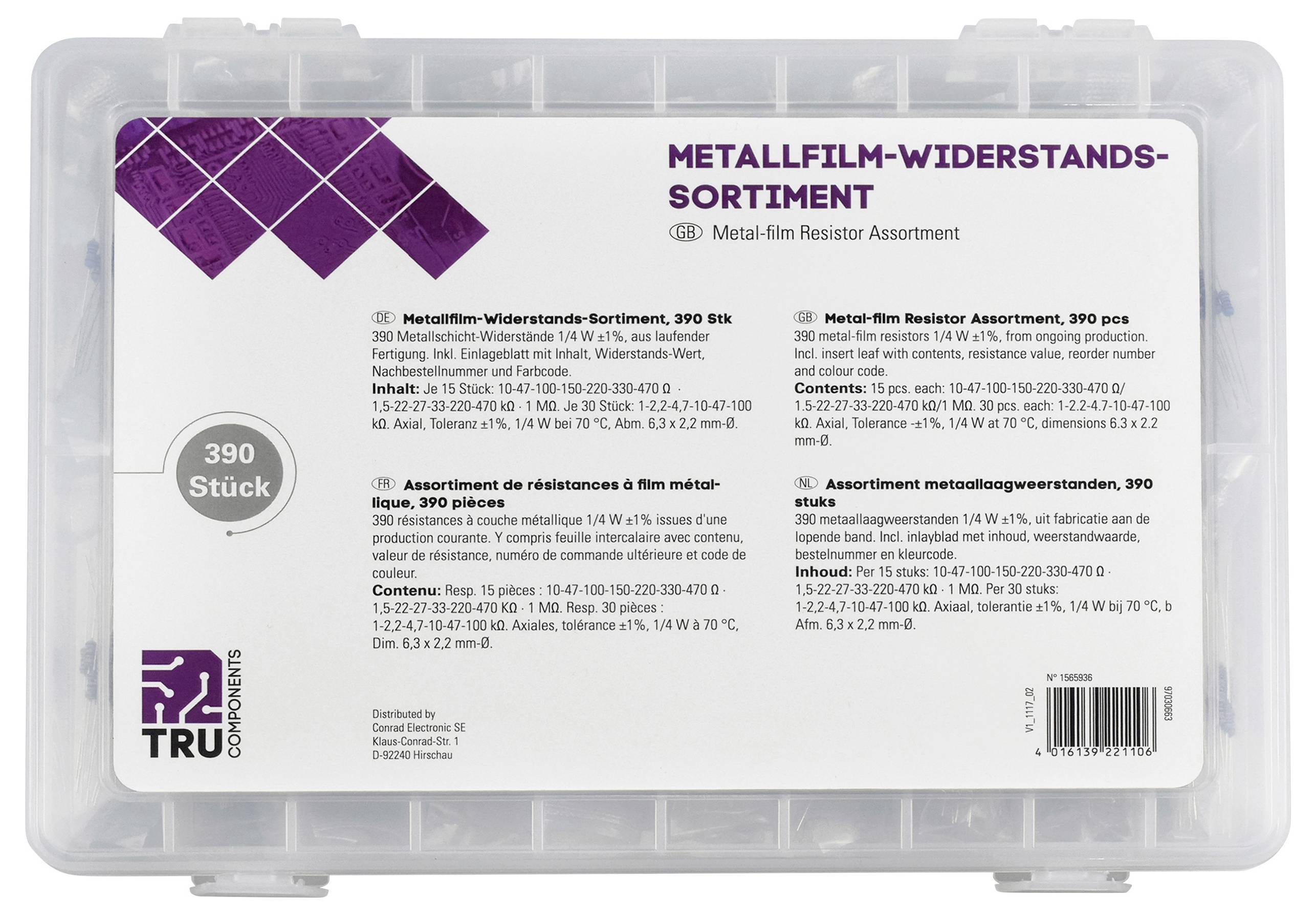 TRU COMPONENTS 418714 Zestaw rezystorów metalizowanych osiowy THD 0.25 W 1 % 390 szt.-3