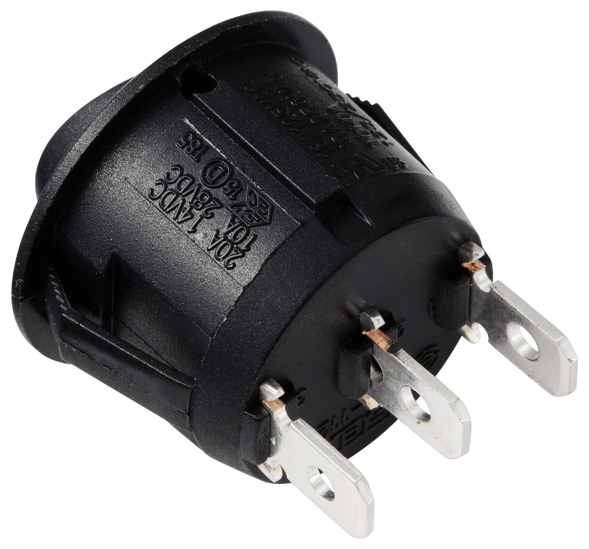 Okrągły, czarny przełącznik kołyskowy z trzema metalowymi zaciskami.