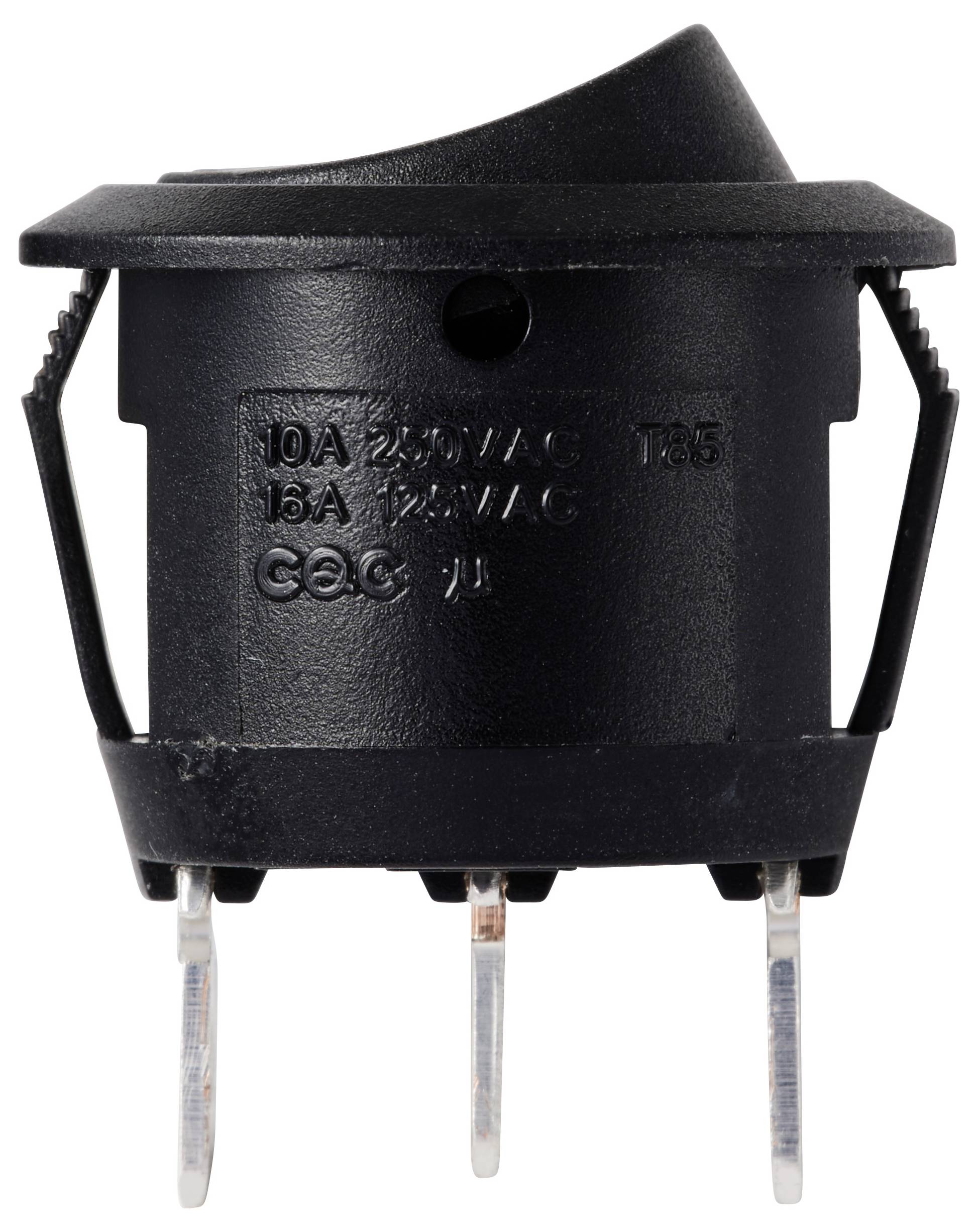 Okrągły czarny przełącznik kołyskowy z trzema metalowymi stykami; oznaczenie: '10A 250VAC, 15A 125VAC, T85'.
