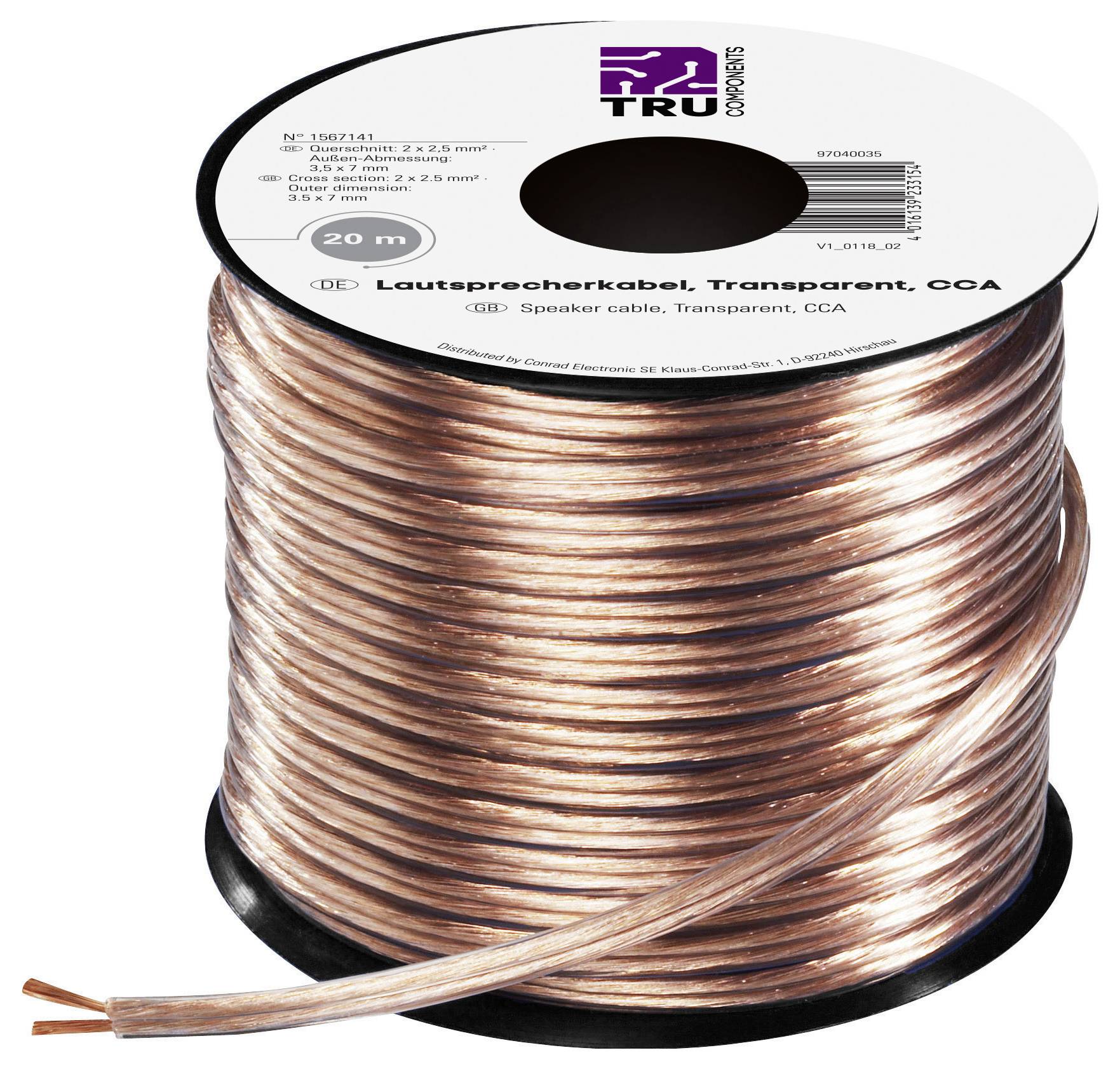 Акустичний кабель TRU COMPONENTS 1567141, 2 x 2,5 мм², прозорий, 20 м