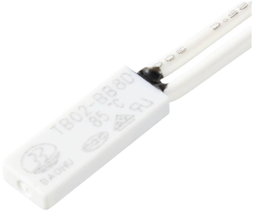 Biały przełącznik termiczny z napisem 'TB02-BB80', wskazaniem temperatury '85°C' i kilkoma symbolami na powierzchni.