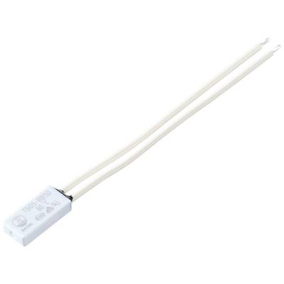 Biały ceramiczny przełącznik termiczny z dwoma cienkimi, długimi przewodami. Stosowany jest w urządzeniach elektronicznych do regulacji temperatury.