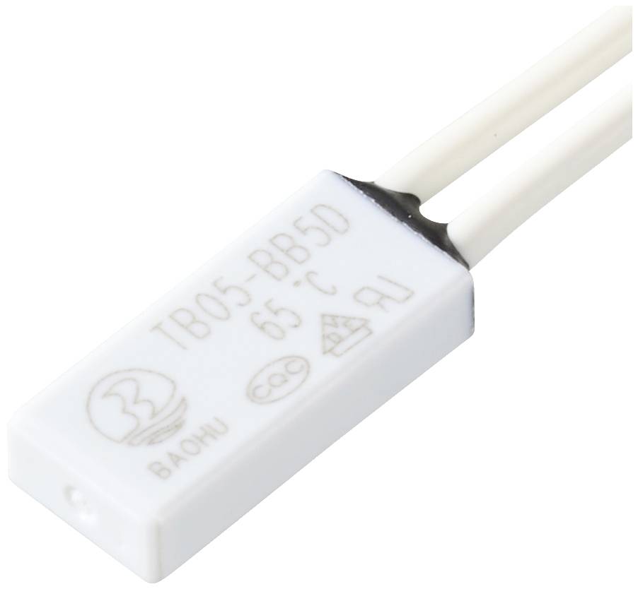 Biały termostat modelu 'TB05-BB5D', oznaczony '65°C', z dwoma przewodami. Stosowany do regulacji temperatury w urządzeniach.