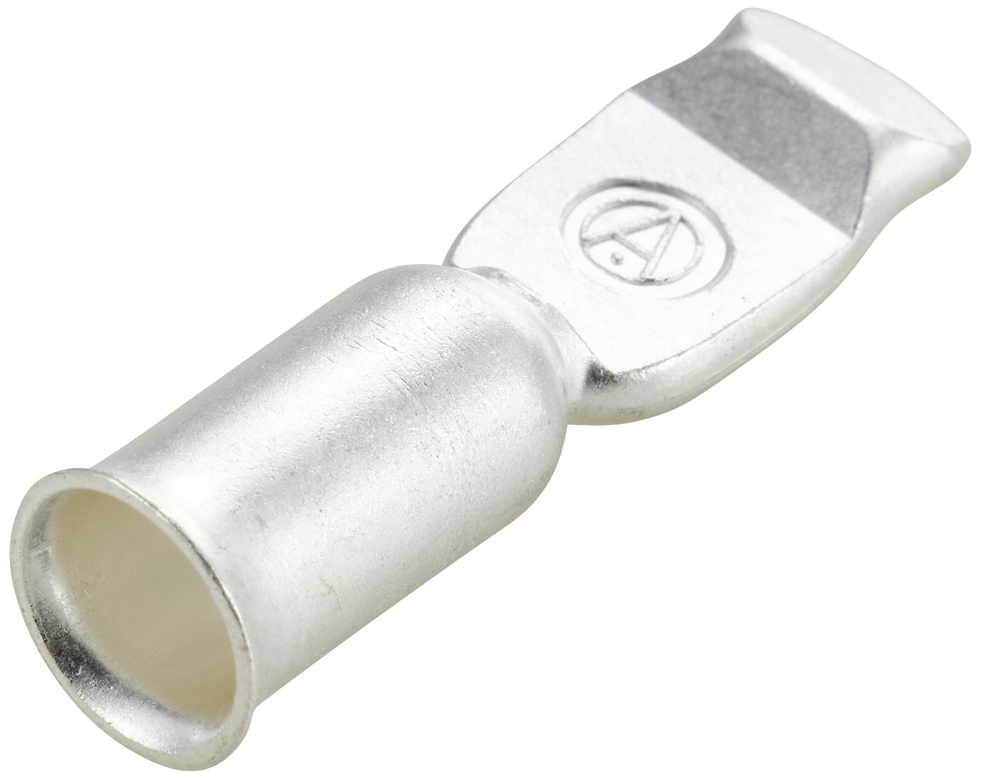 Metalowe złącze wtykowe w kształcie języczka, stosowane w połączeniach elektrycznych do mocowania lub przewodzenia prądu.