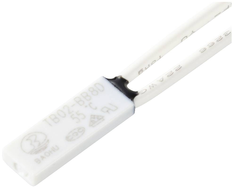 Prostokątny przełącznik termiczny z nadrukowaną specyfikacją 'TB02-BB80 55°C', podłączone są dwa białe przewody.