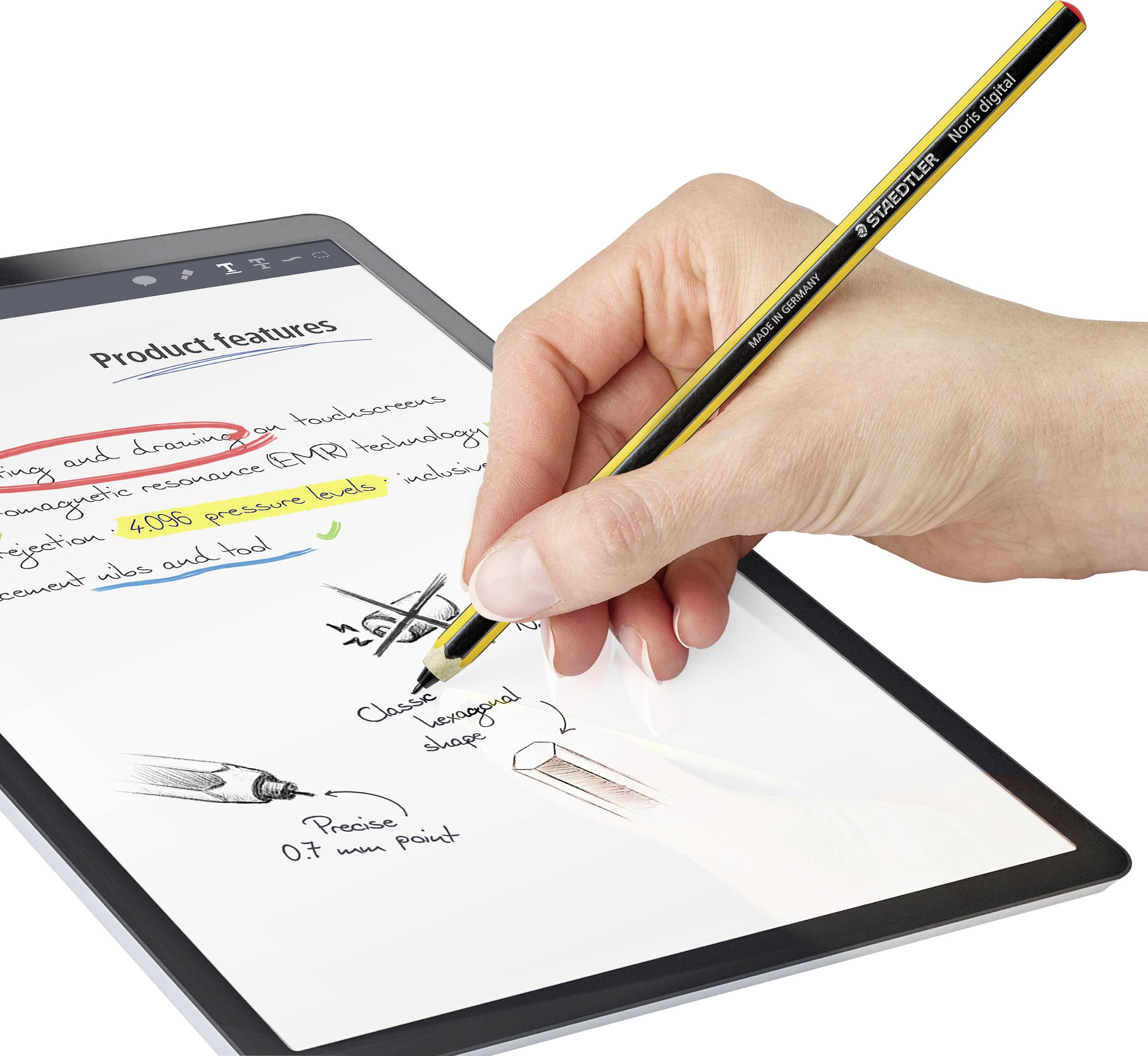 Tablet wyświetla odręczne notatki i rysunki na ekranie. Ręka trzyma pisak i pisze na nim.