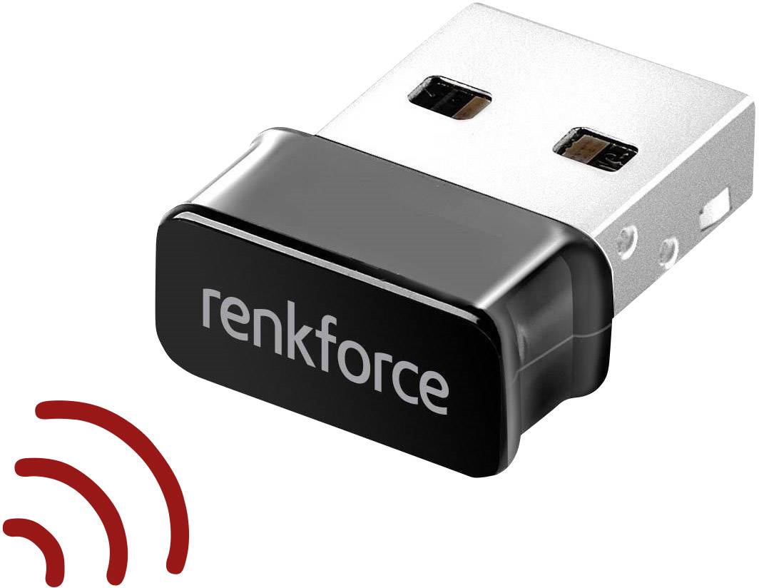 Mały, czarny adapter USB Wi-Fi z logo 'Renkforce' na przedniej stronie i czerwonym symbolem sieci bezprzewodowej obok niego.