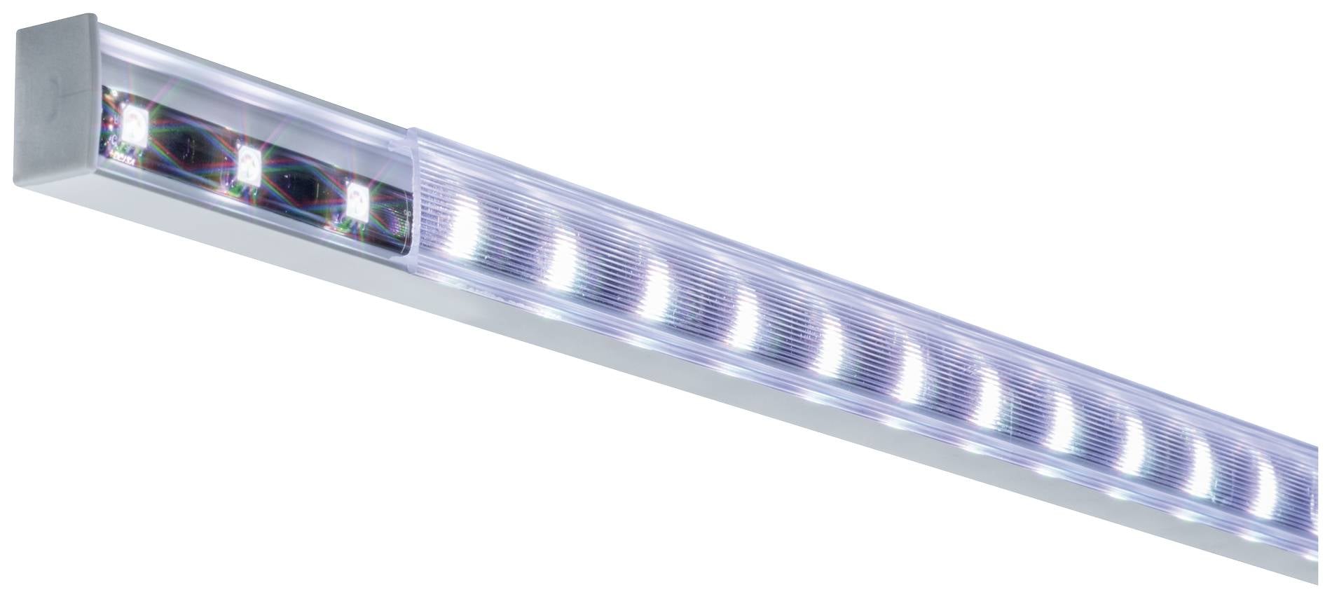 Długa, prostokątna lampa LED z wieloma żarówkami w przezroczystej osłonie.