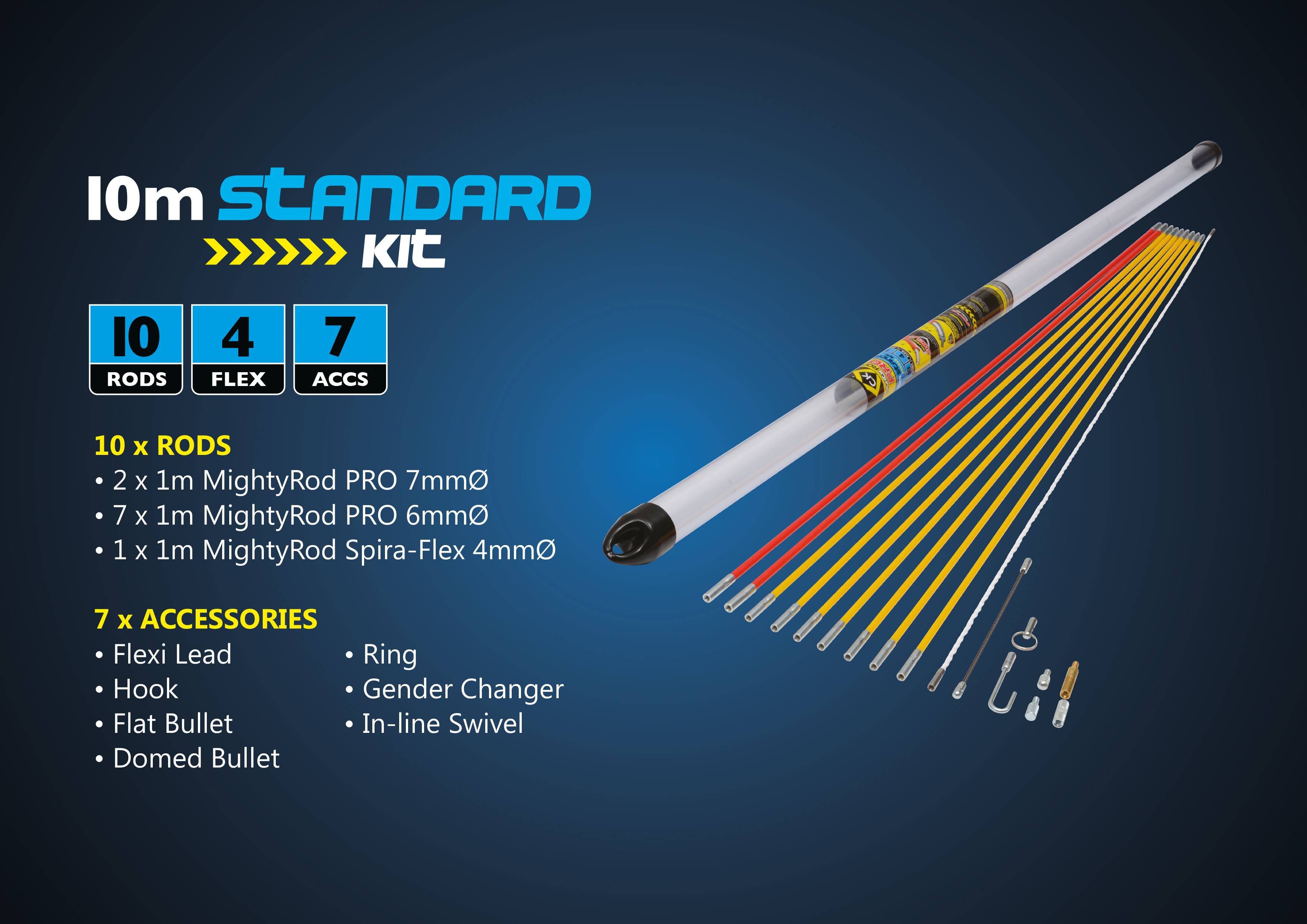 Zestaw standardowy 10 m: Zestaw narzędzi składający się z 10 prętów i 7 elementów wyposażenia dodatkowego. Zawiera różne rozmiary 'MightyRod PRO' i 'Spira-Flex'.