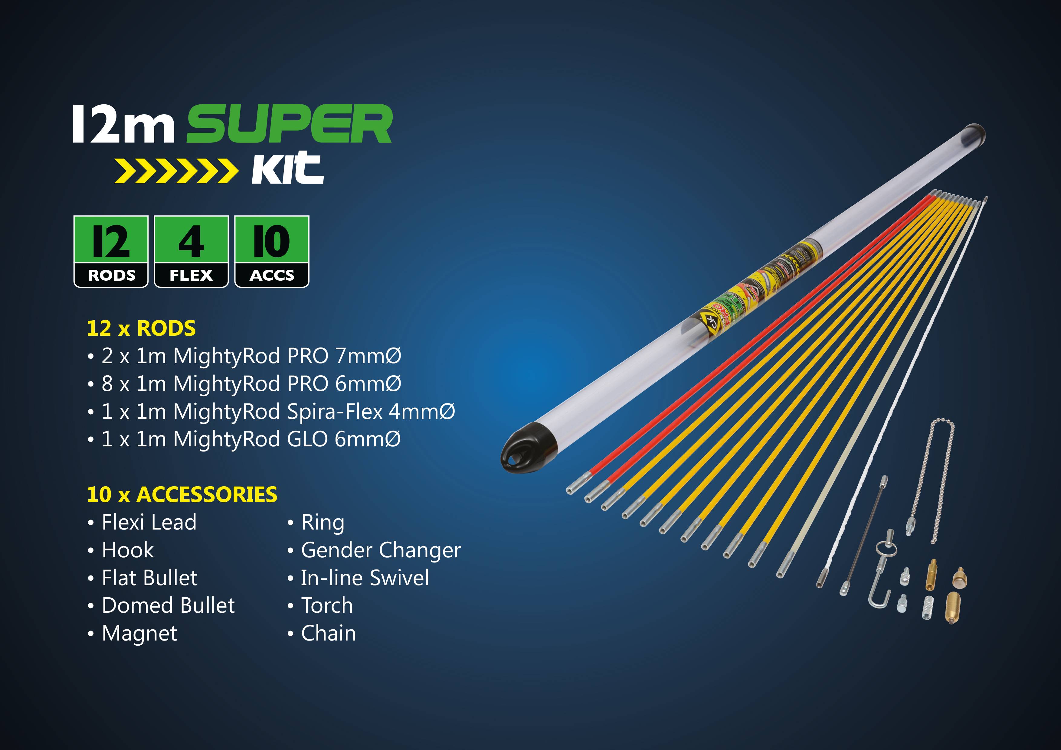 Zestaw '12m SUPER KIT' z 12 prętami i 10 elementami wyposażenia. Szczegóły: Flexi Lead, Hak, Płaski Pocisk, Pocisk Kopułkowy, Magnes, Pierścień, Adapter Płci, Krętlik Inline, Latarka, Łańcuch.