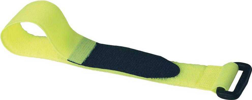 Żółty pas na rzep z czarną zakładką, odpowiedni do wiązania kabli lub mocowania przedmiotów.