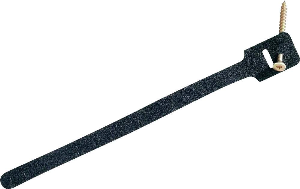 Czarny opaska zaciskowa z drewnianą śrubą. Opaska posiada otwór na końcu, umożliwiający zamocowanie przez otwór.