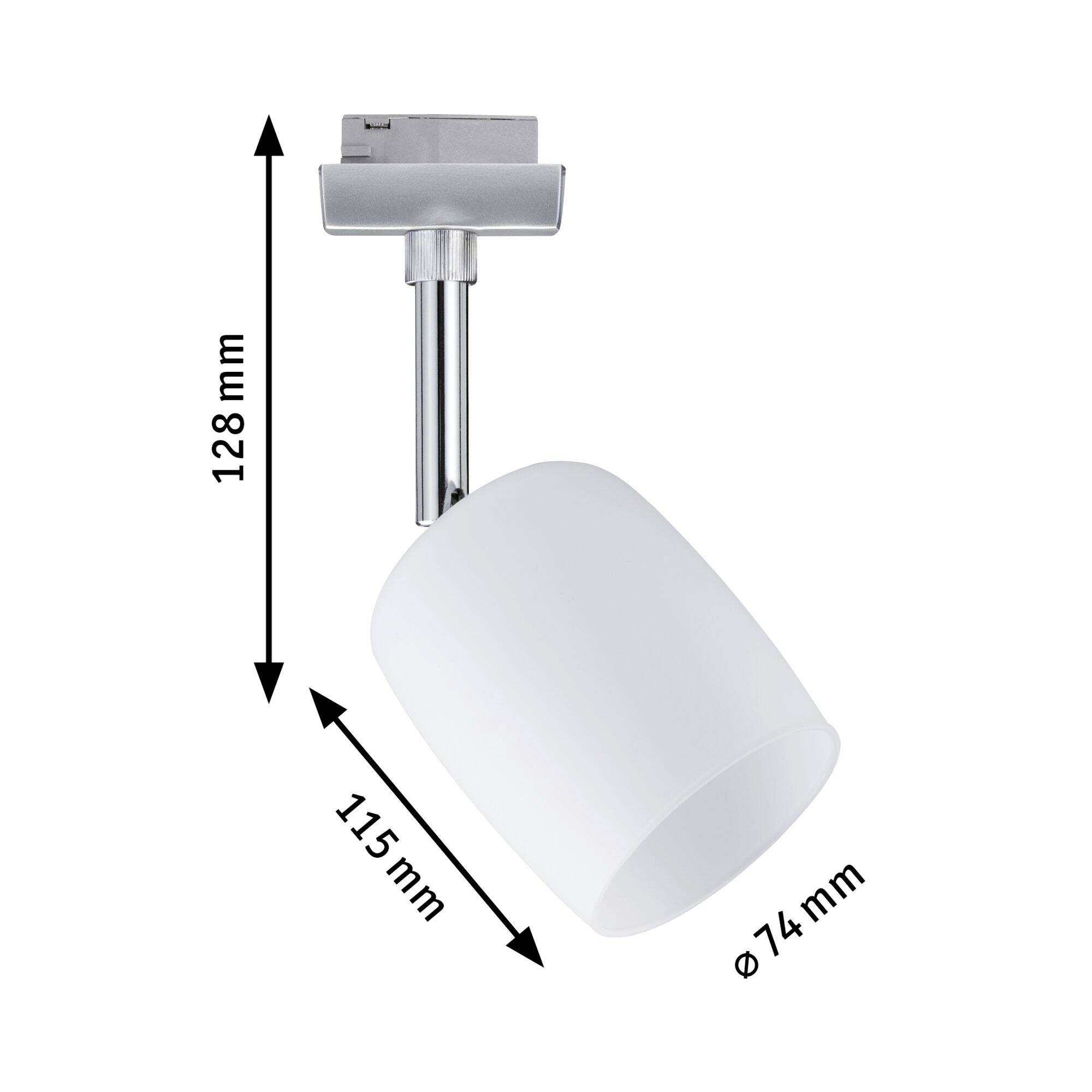 Lampa punktowa z białym kloszem, wysokość 128 mm, długość 115 mm, średnica 74 mm.