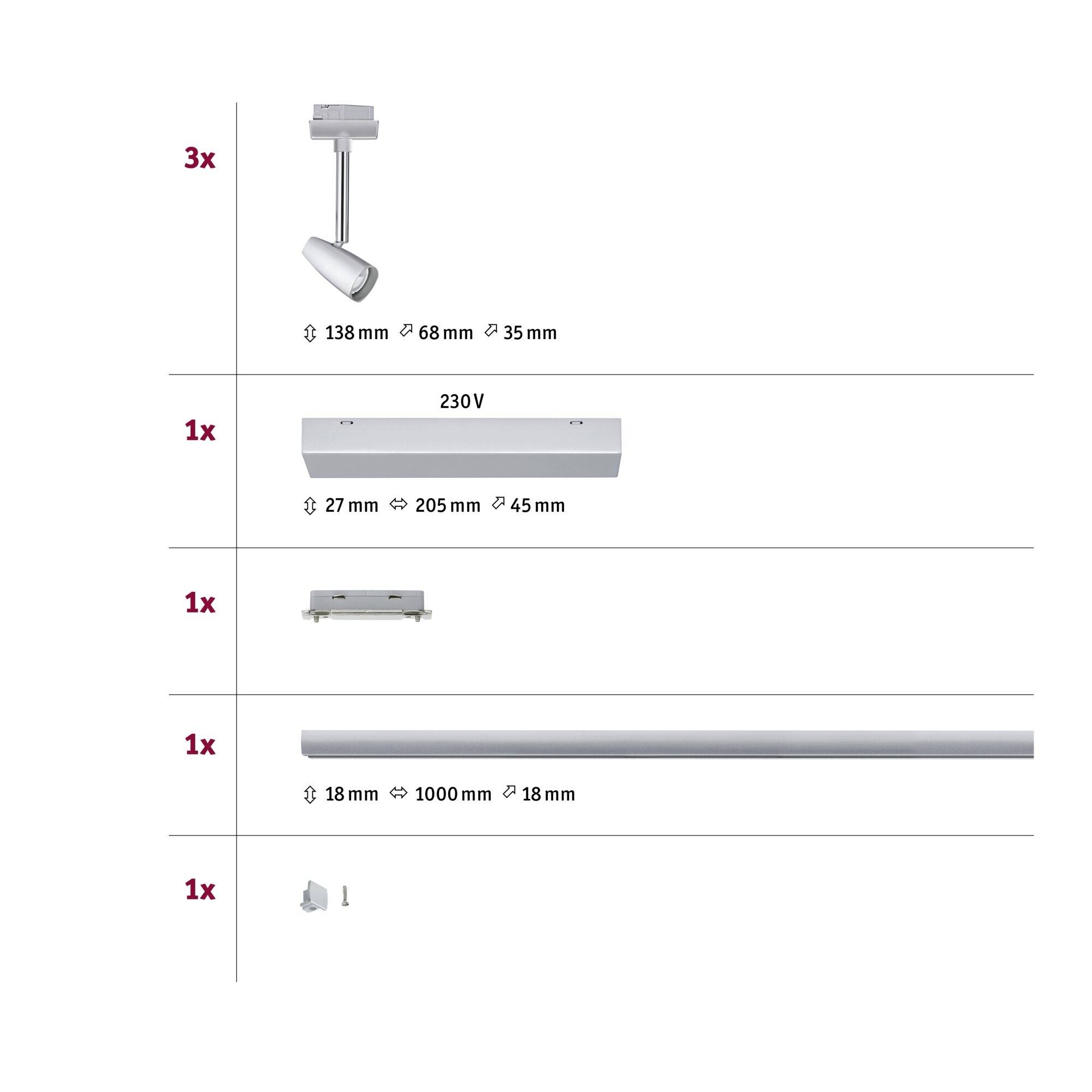 'Zestaw oświetleniowy: 3x Lampa (138mm x 68mm x 35mm), 1x Zasilacz (27mm x 205mm x 45mm), 1x Adapter, 1x Szyna (18mm x 1000mm x 18mm), 1x Śruba. Napięcie robocze: 230V.'