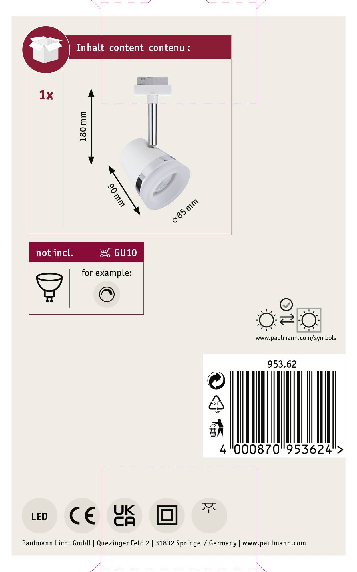 'Reflektor lampa, wysokość 180 mm, średnica 88 mm, oprawa GU10 nie jest dołączona. Zawiera instrukcję montażu oraz objaśnienia symboli.'