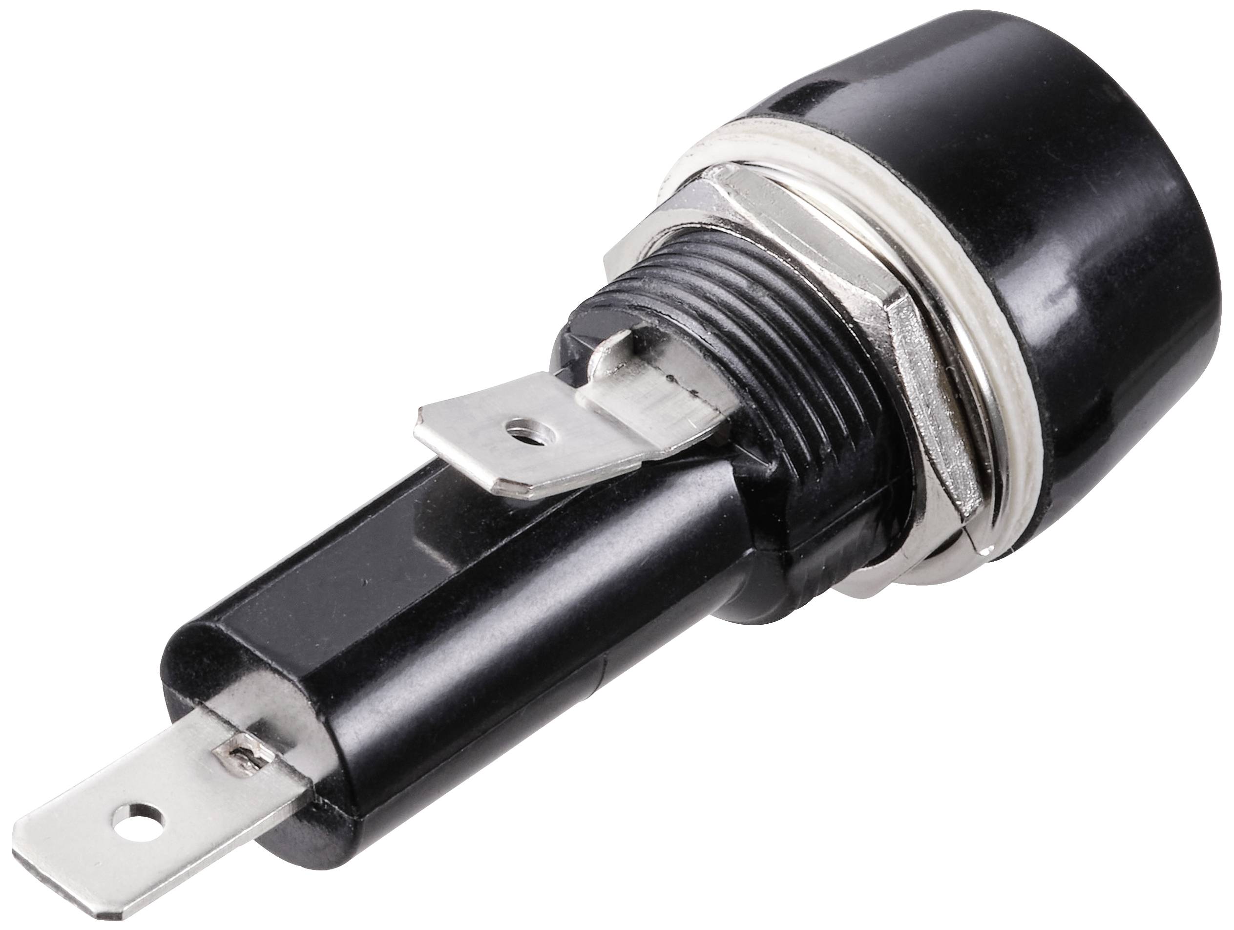 Czarny uchwyt bezpiecznika z dwoma stykami metalowymi i pokrywką zamykającą, leżący na białym tle.