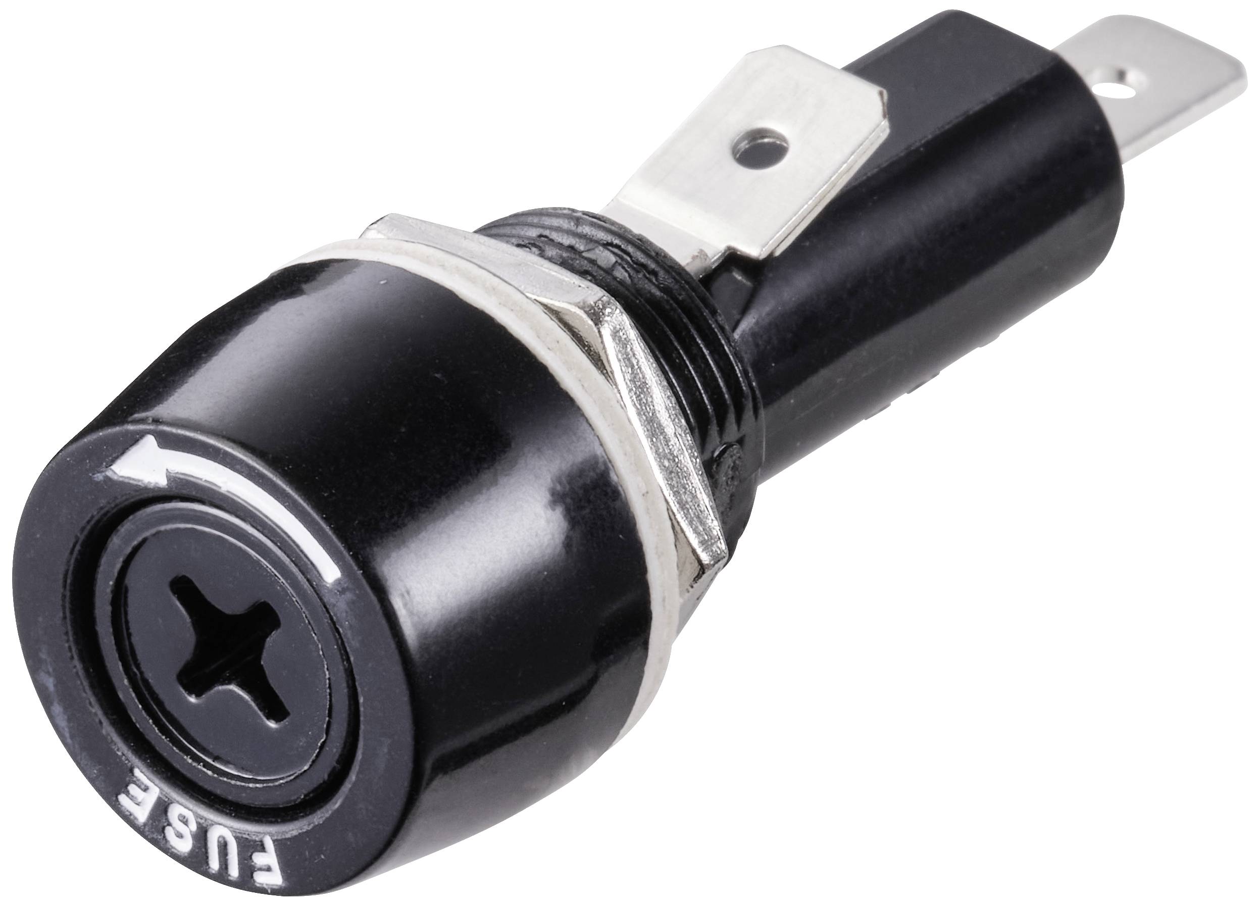 Czarny uchwyt bezpiecznika z srebrną metalową obwódką i napisem 'FUSE'.