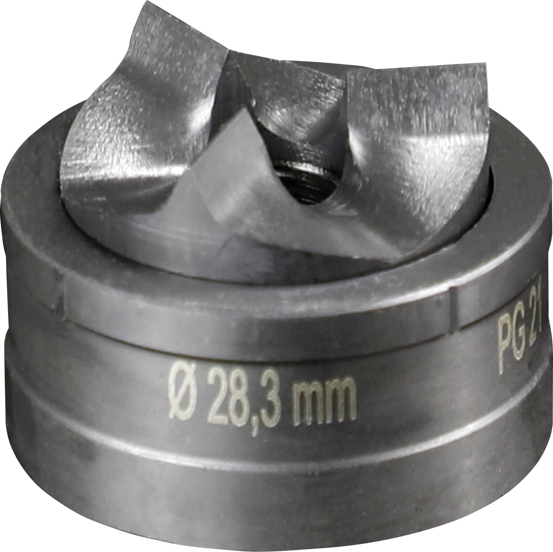 Metalowa korona wiertnicza o średnicy 28,3 mm.