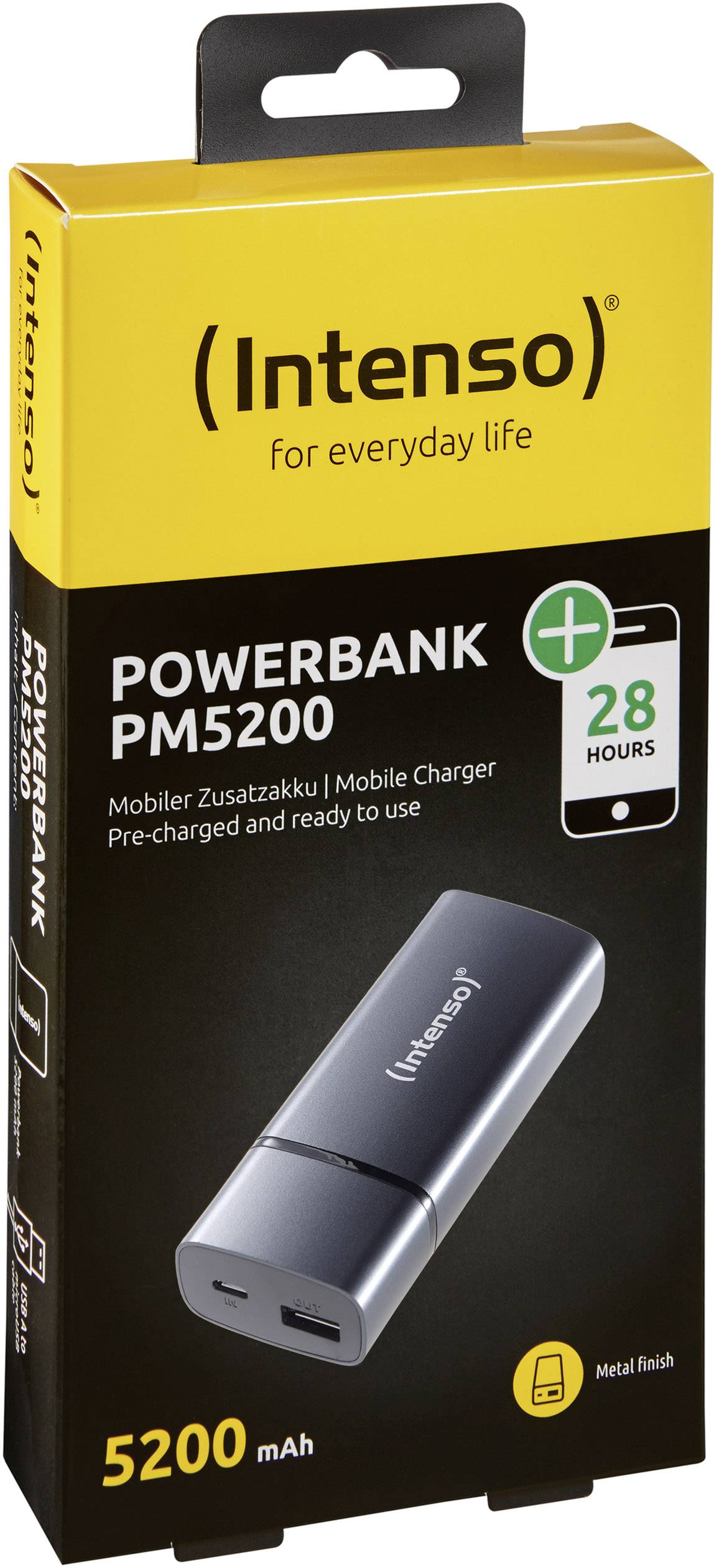 Intenso Powerbank PM5200, wstępnie naładowana i gotowa do użycia. Na opakowaniu podkreślono dodatkowy czas pracy wynoszący 28 godzin.