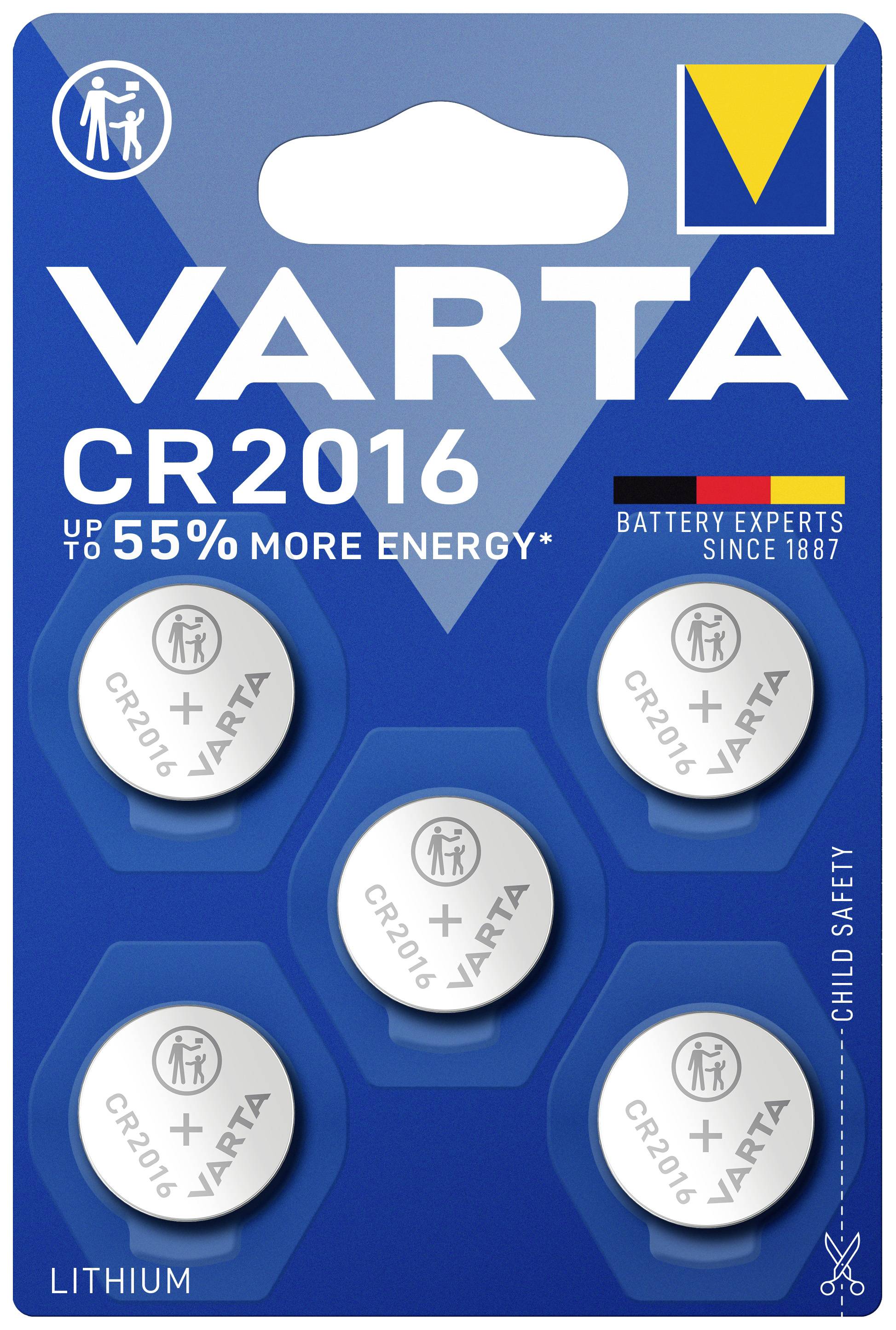'Baterie litowe VARTA CR2016, do 55% więcej energii. 5 baterii w opakowaniu blister. Zabezpieczone przed dziećmi.'