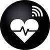 Czarny symbol przedstawia serce z wzorem linii EKG oraz sygnał bezprzewodowy nad nim, co wskazuje na monitorowanie zdrowia.