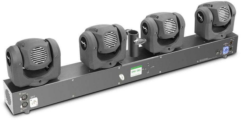 Czteroelementowe urządzenie oświetleniowe sceniczne z ruchomymi reflektorami, przeznaczone do oświetlenia scenicznego i zastosowań rozrywkowych.