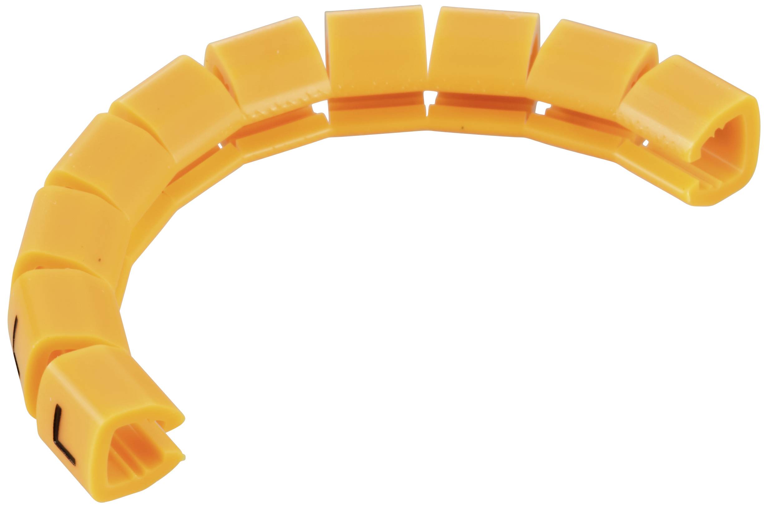 Pomarańczowe, zakrzywione znaczniki kabli z literami, używane do oznaczania przewodów.