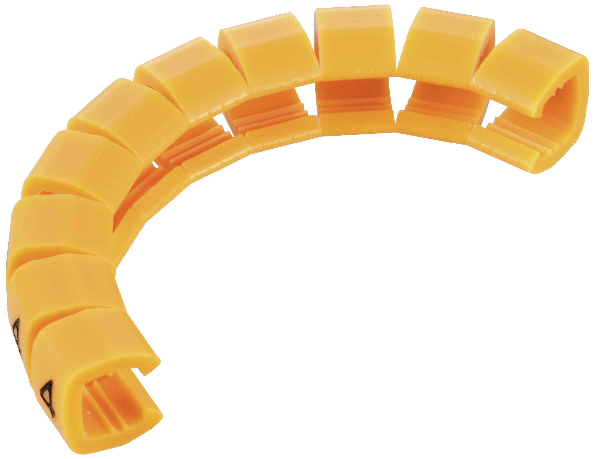 Pomarańczowy, elastyczny system zarządzania kablami z pojedynczymi zaciskami ułożonymi w łuku.