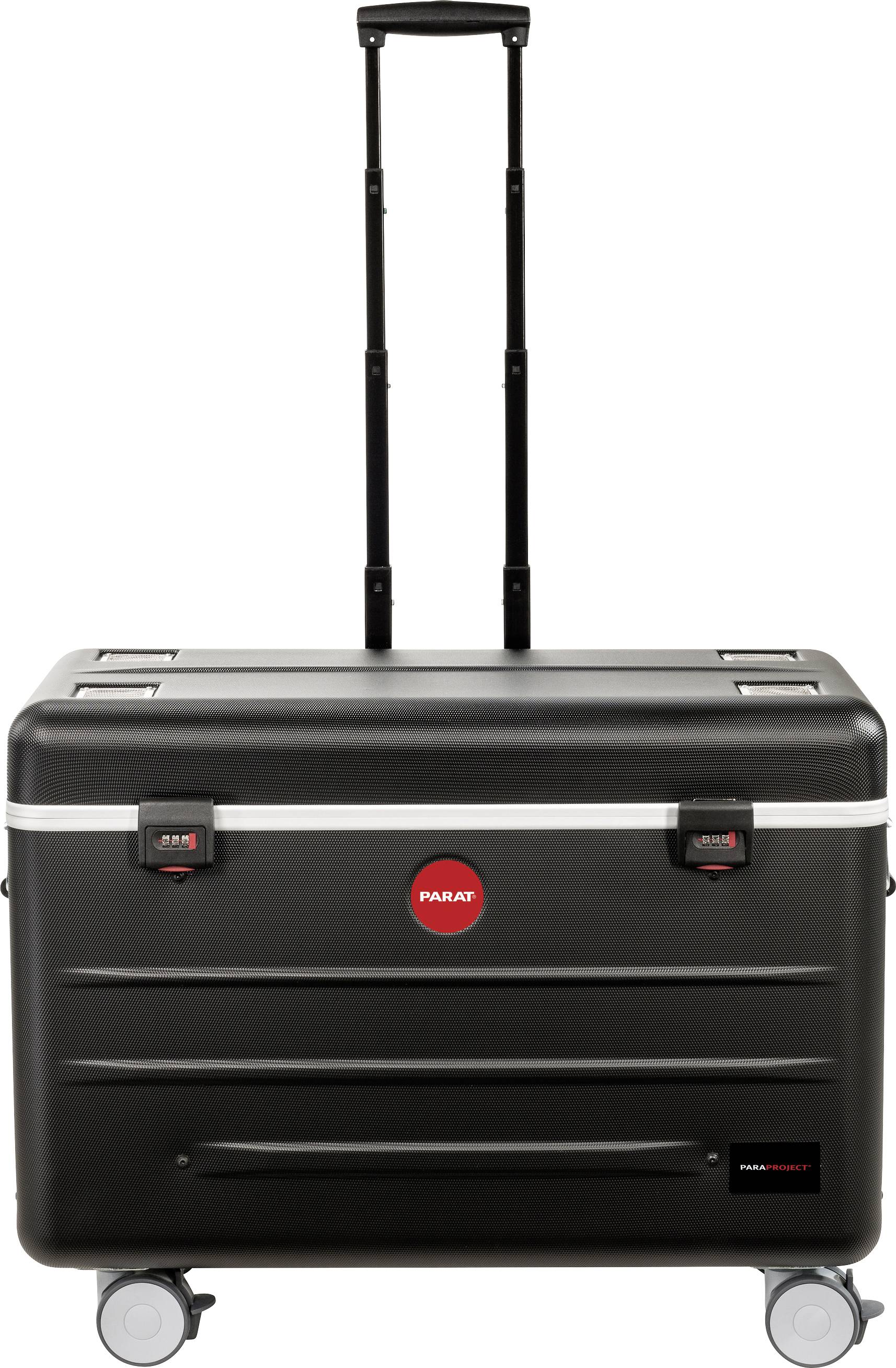 Czarny twardy kufer z wysuwaną rączką i kółkami, z czerwonym logo Parat z przodu, przeznaczony do przechowywania narzędzi.