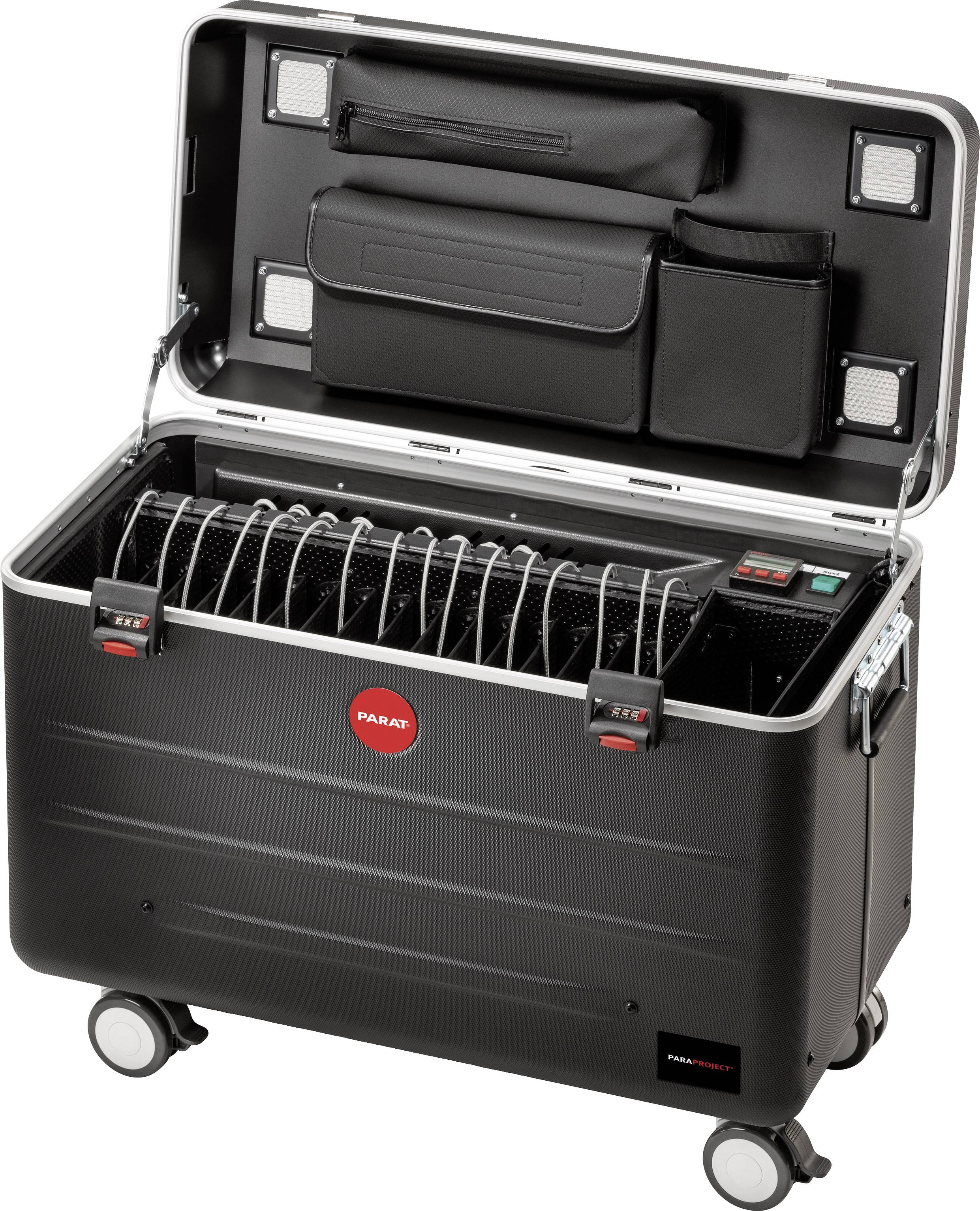 Czarny walizka na kółkach z otwartą pokrywą, wewnątrz pokazuje 20 stacji ładujących do tabletów, z wbudowanymi kieszeniami i kablami.
