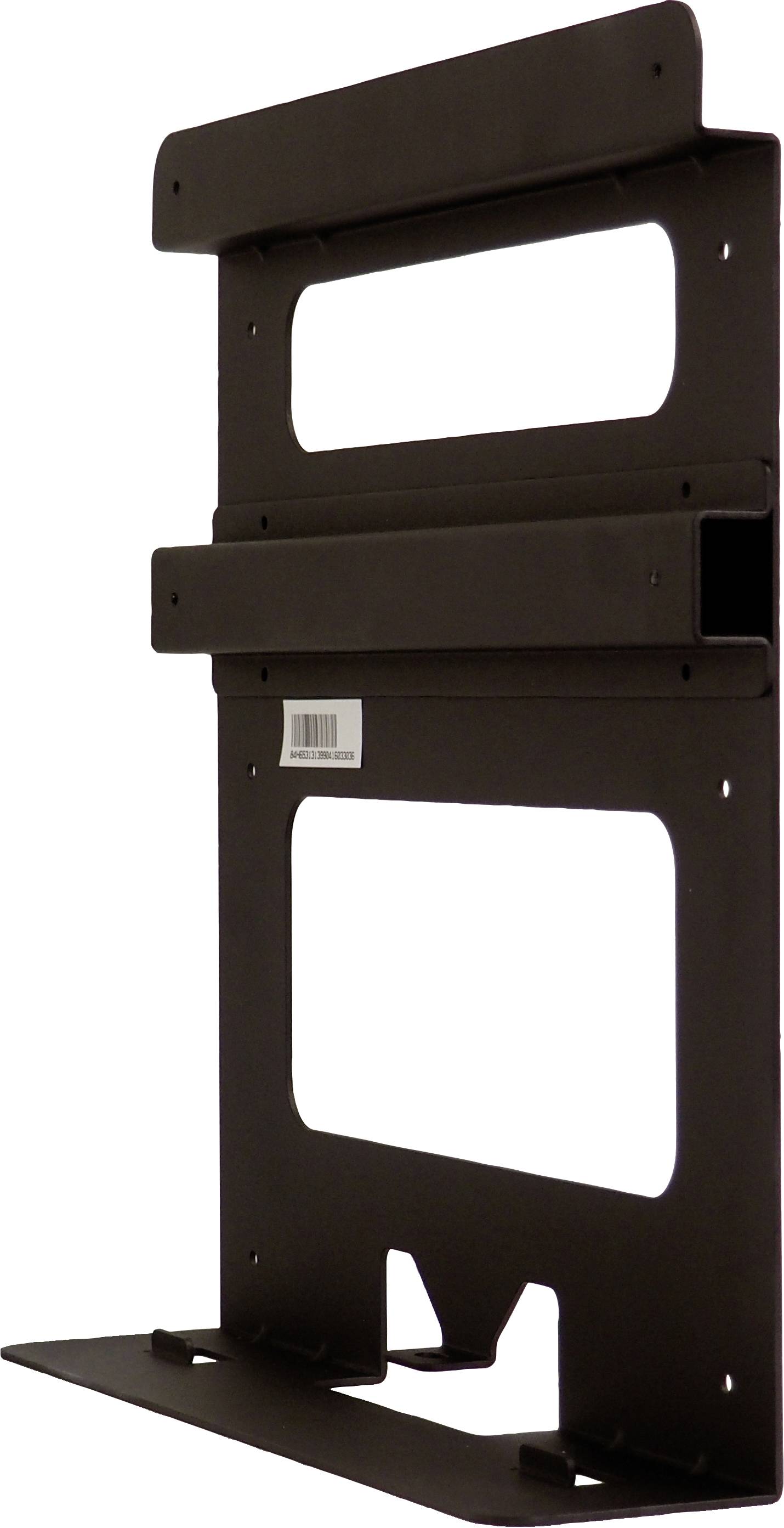 Metalowy uchwyt ścienny do telewizora, w ciemnobrązowym kolorze, o prostokątnym kształcie, z otworami do prowadzenia kabli, odpowiedni do mocowania telewizorów o różnych rozmiarach.