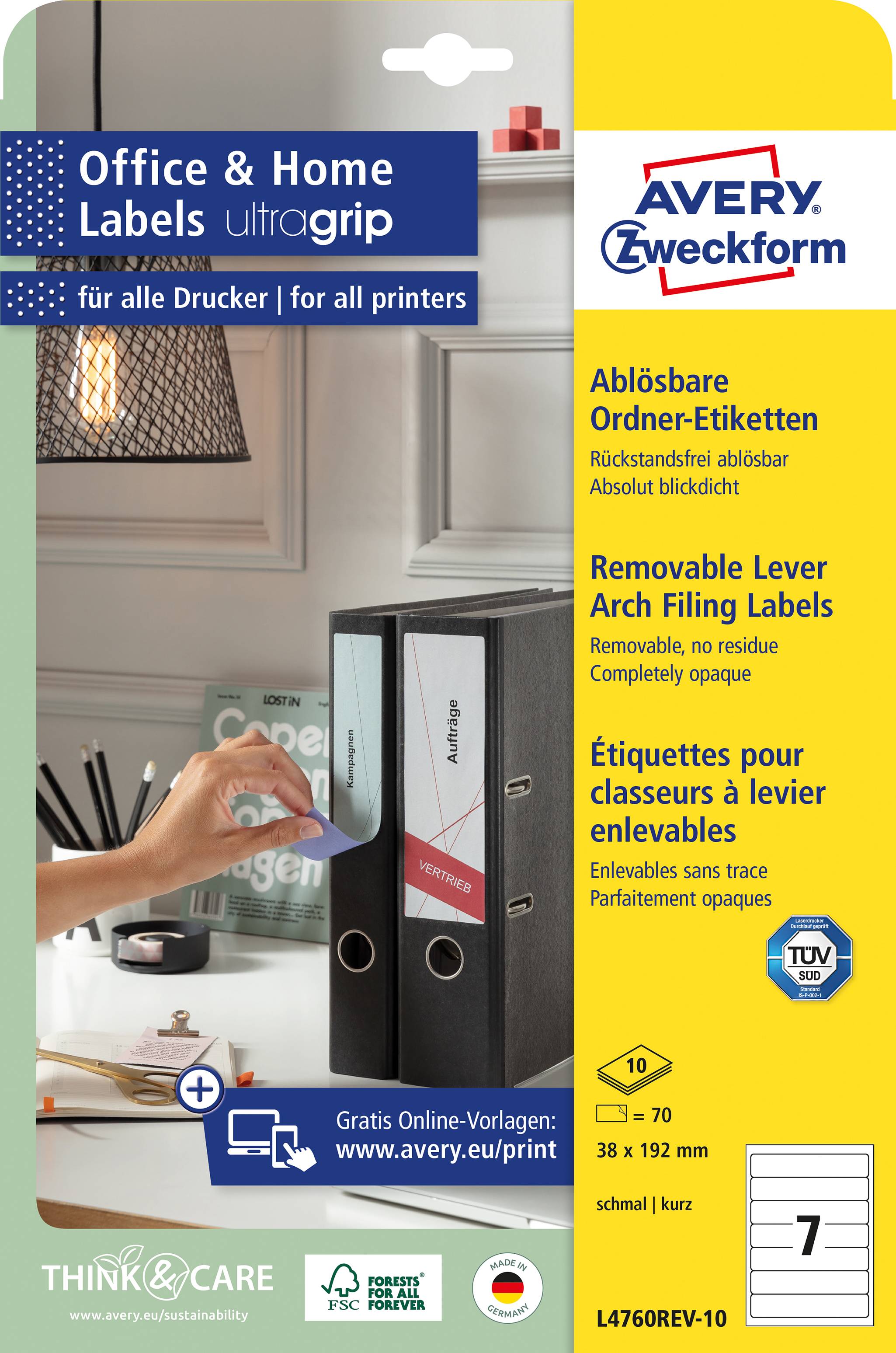 Opakowanie produktu dla etykiet do segregatorów Avery Zweckform, zdejmowanych, bez pozostawiania śladów, kompatybilnych ze wszystkimi drukarkami. Zawiera darmowe szablony online.