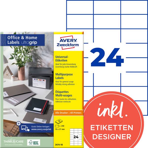 Avery-Zweckform 3474-10 Etykieta uniwersalna 70 x 37 mm Papier biały 240 szt. Trwały Drukarka atramentowa, Drukarka Laserowa, Drukarka Laserowa, kolorowa, Kopiarka, Drukarka z funkcją kopiowania w kolorze, Drukarka etykiet