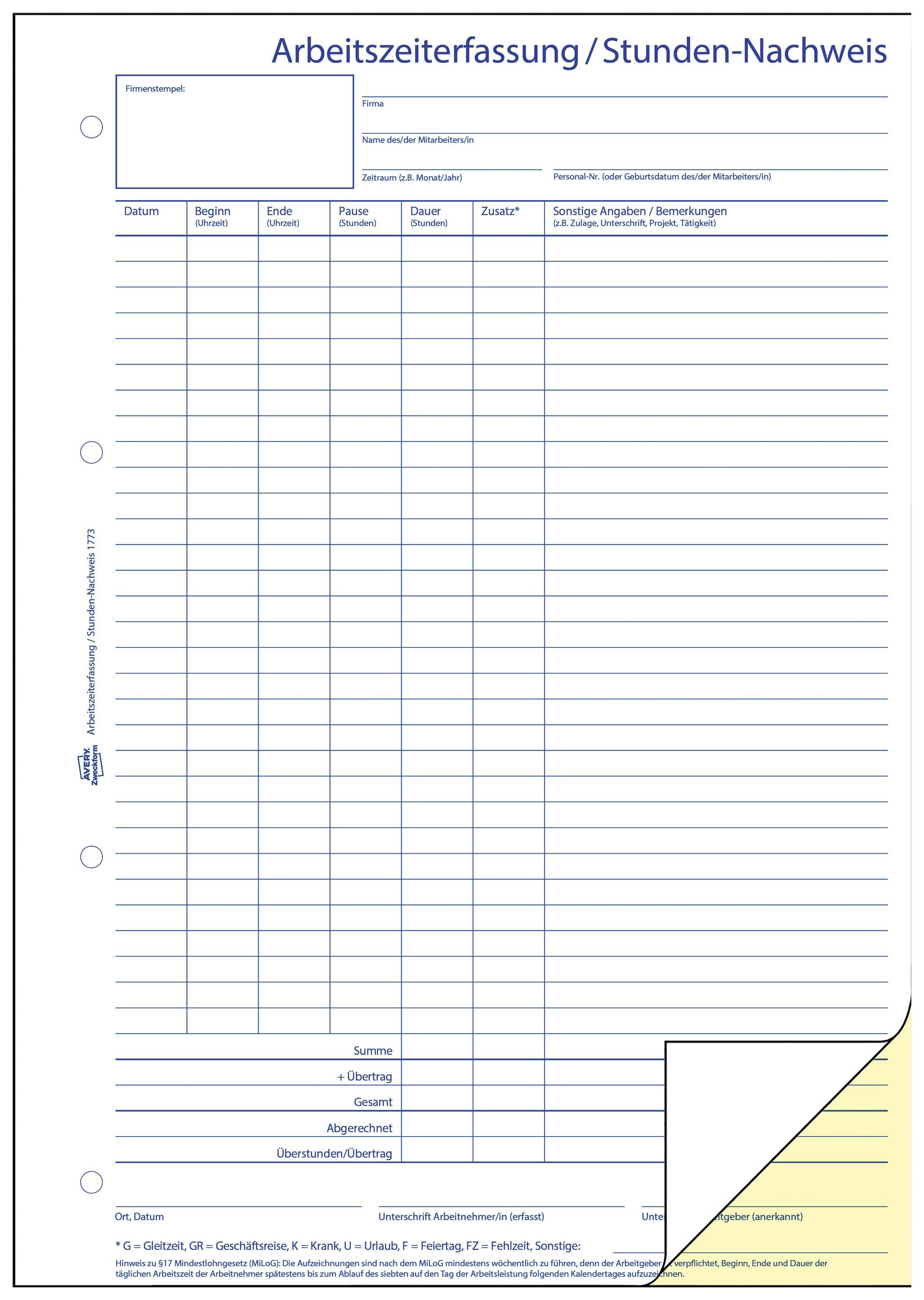 Formularz ewidencji czasu pracy z kolumnami na datę, godziny i uwagi. Zawiera pola na imię i nazwisko oraz podpis.