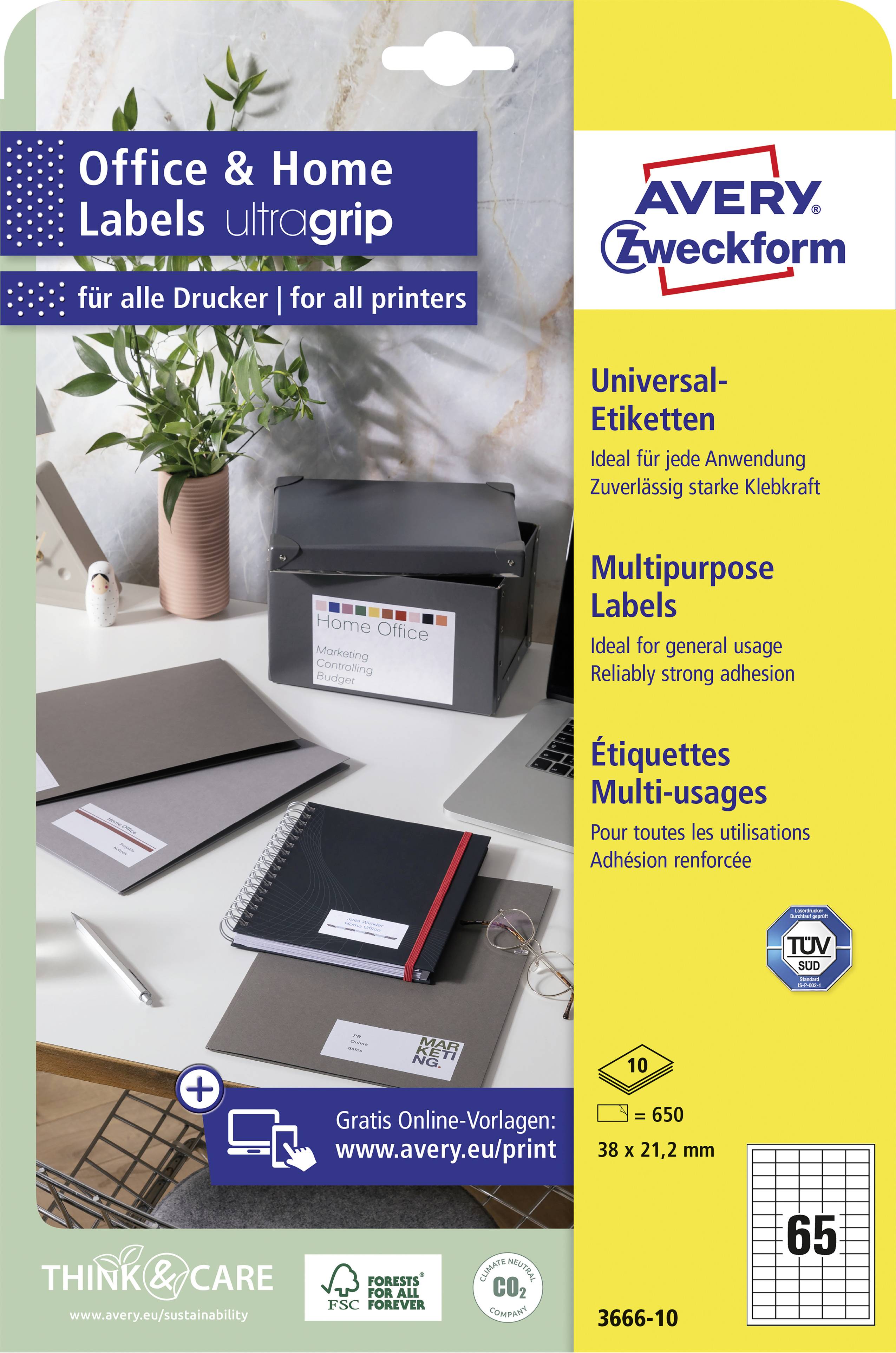 Etykiety 'Office & Home Labels Ultragrip', uniwersalne etykiety do drukarek. Zawiera 10 arkuszy, odpowiednie do różnych zastosowań. Avery Zweckform.