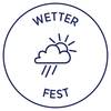 Okrągła ikona z chmurą, promieniami słońca i deszczem, otoczona słowami 'Wetter fest'.