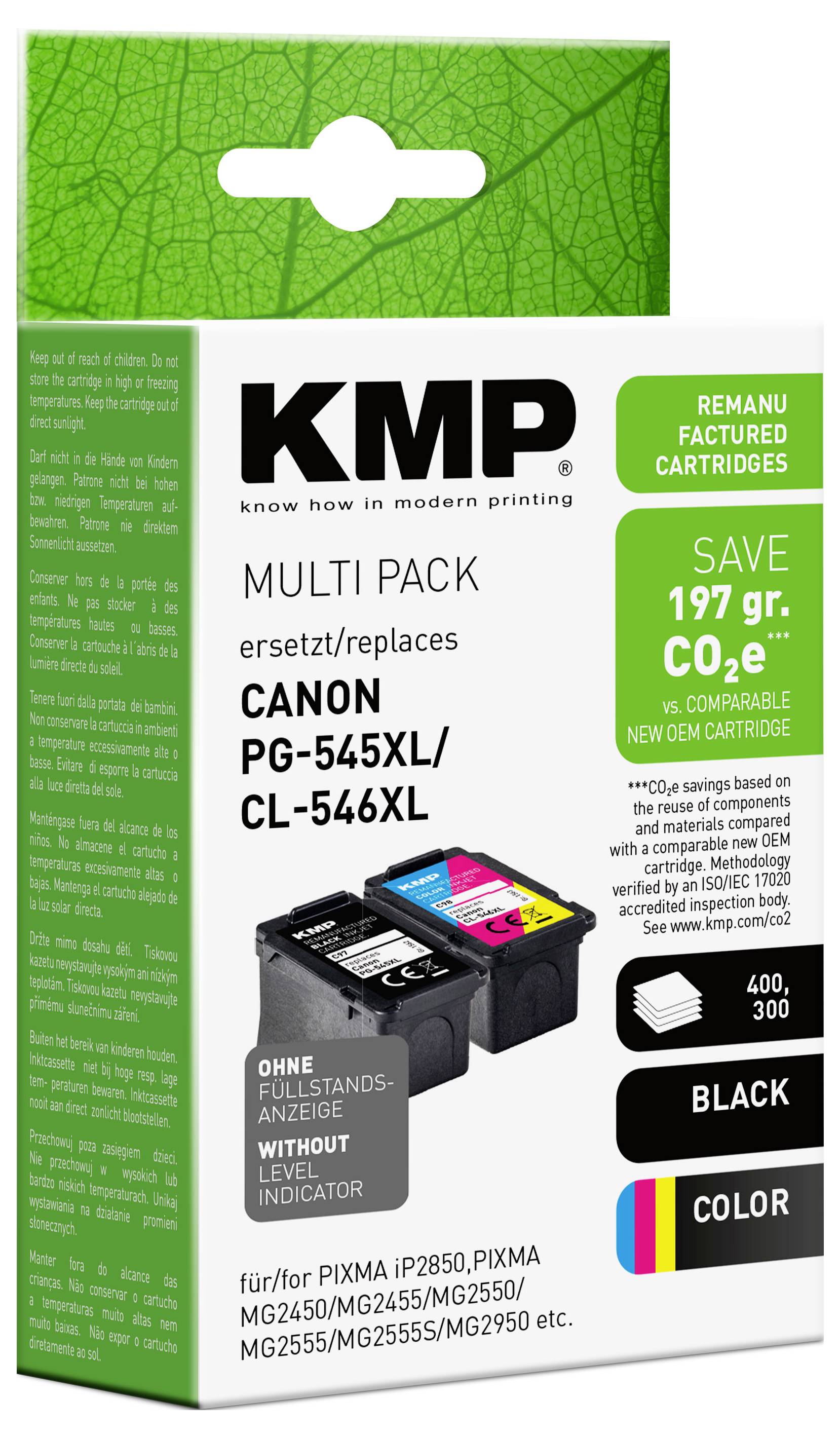Opakowanie produktu zawierające wielopakowe zamienne tusze KMP do Canon PG-545XL/CL-546XL, przedstawiające czarne i kolorowe kartridże oraz etykietę „ZAOSZCZĘDŹ 197 g CO2e".