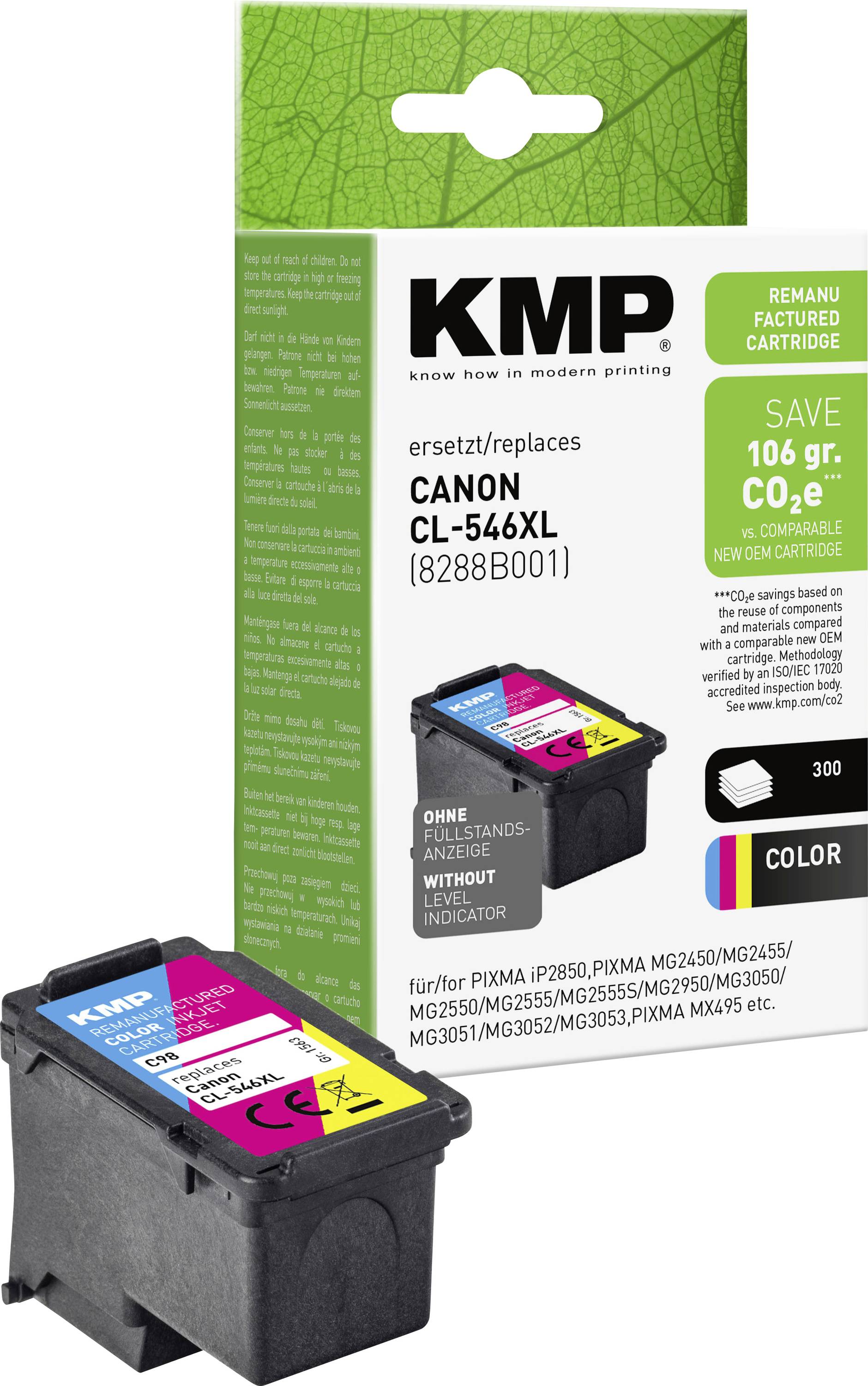 Wkład atramentowy zamiennika KMP dla Canon CL-546XL, przedstawiony wraz z opakowaniem i obrazem wkładu; utrzymuje „oszczędź 106 g CO2e" i „wkład remanufakturowany".
