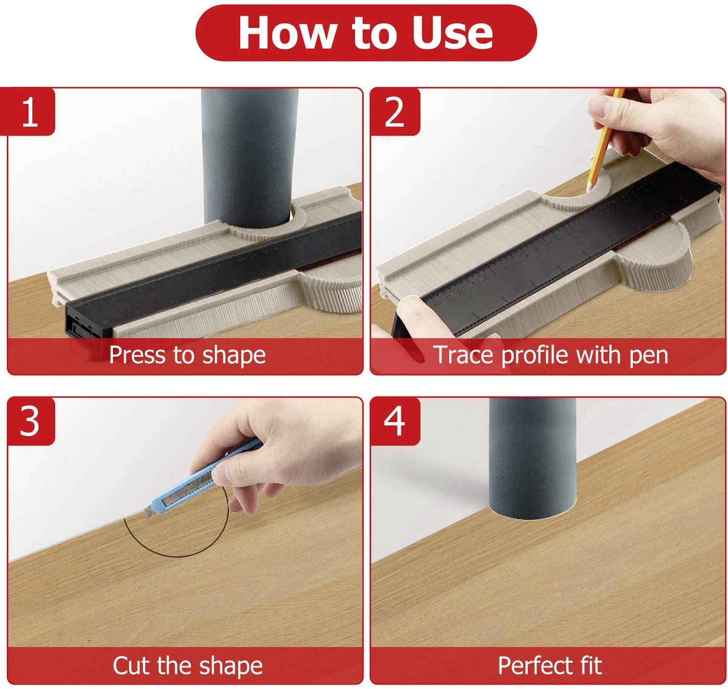 Instrukcja użycia przyrządu do pomiaru konturu: 1. Nacisnąć kształt, 2. Odrysować profil rysikiem, 3. Wyciąć kształt, 4. Idealnie dopasować.