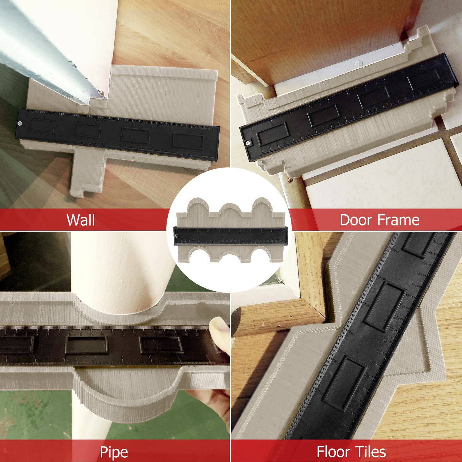 'Wielofunkcyjna nauka o konturach do pomiaru i dopasowywania różnych form: ścian, futryn drzwiowych, rur i płytek podłogowych.'