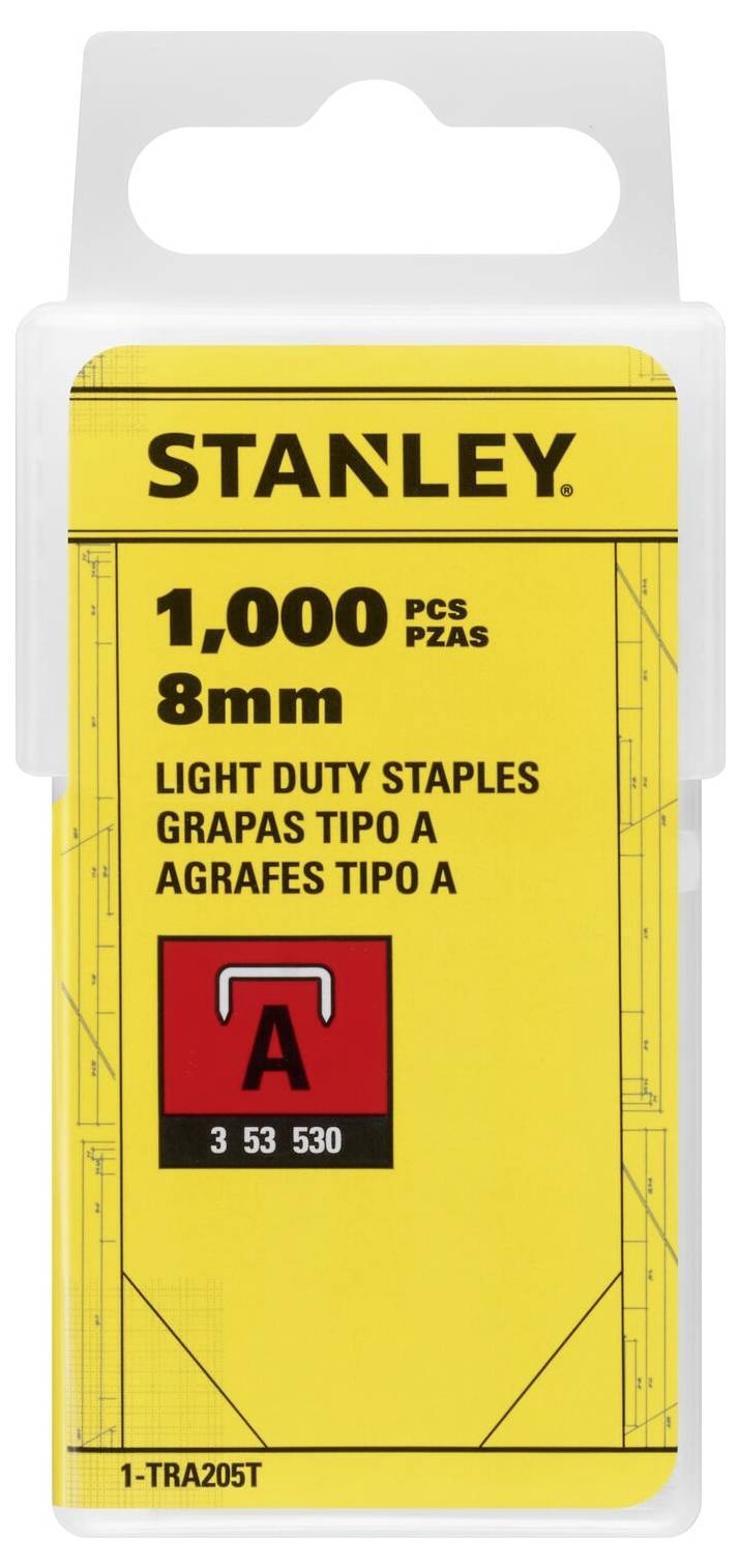 Żółte opakowanie z napisem 'STANLEY'. Zawiera 1.000 lekkich zszywek, 8 mm, typ A.