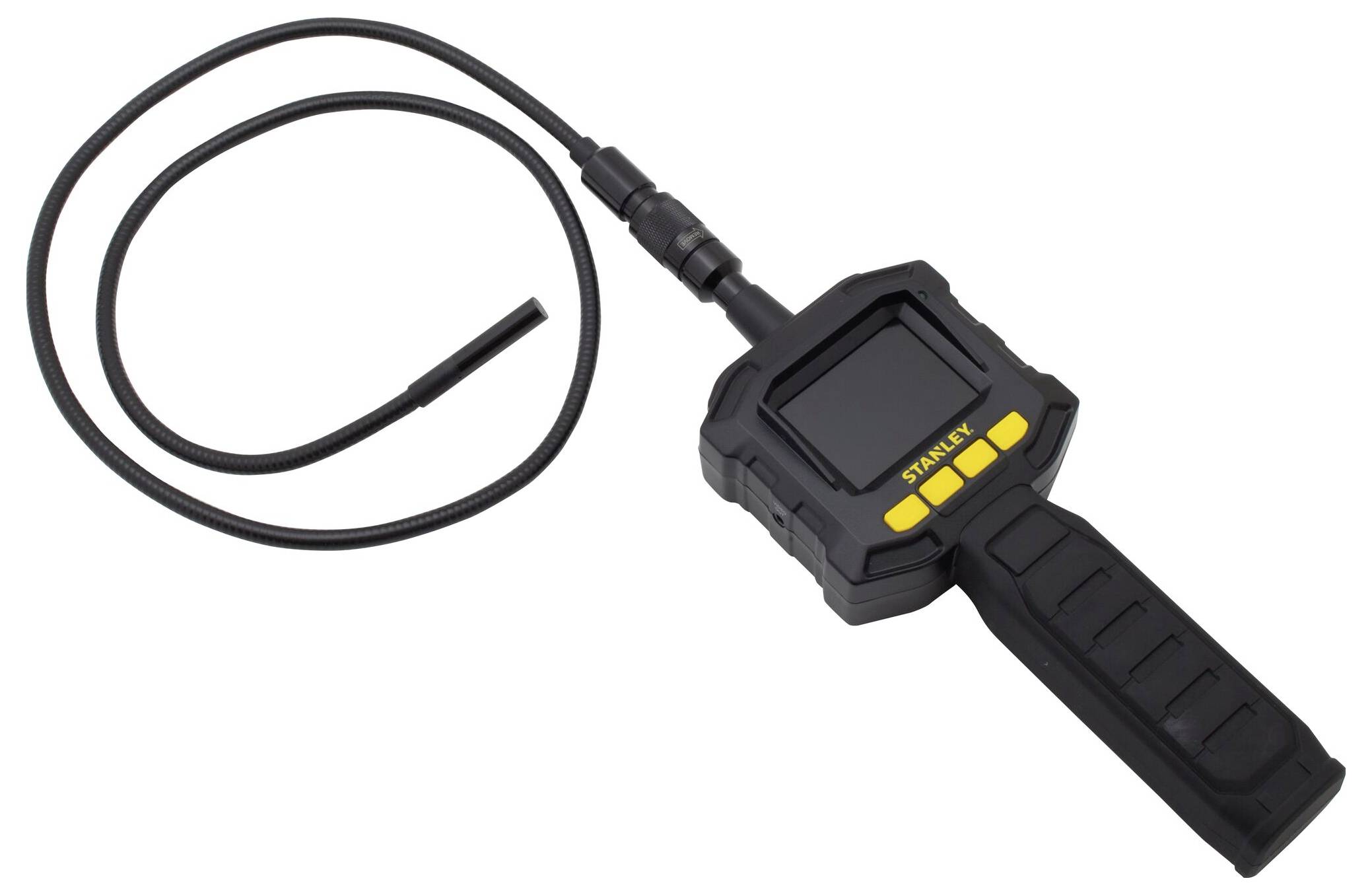 Endoskop rurowe z elastycznym przewodem i małym ekranem, przeznaczone do inspekcji trudno dostępnych miejsc, leży na białym tle.