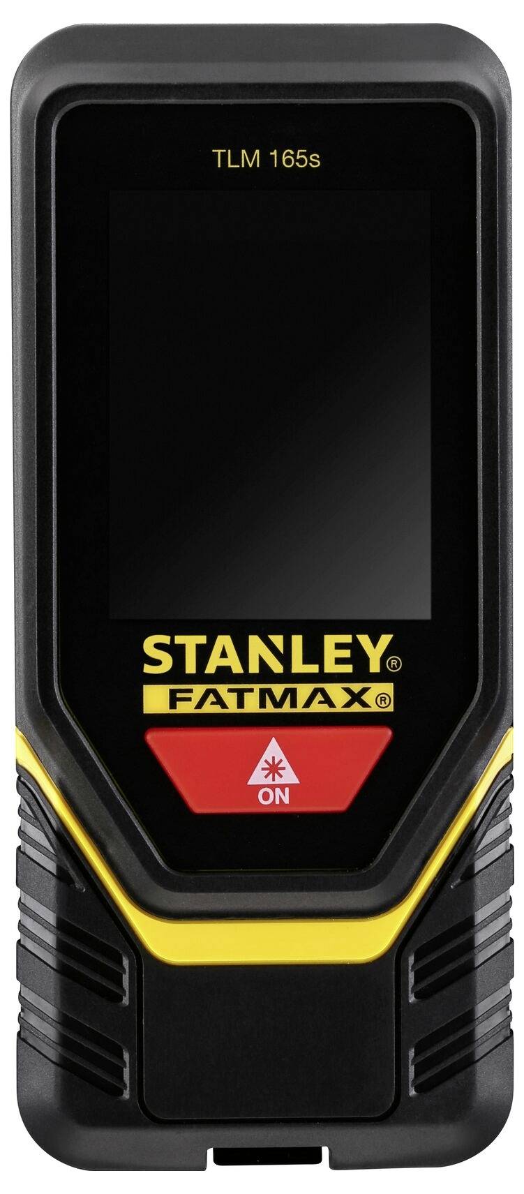 Cyfrowy laserowy miernik odległości z czarnym wyświetlaczem i czerwonym przyciskiem włączania, nazwa marki 'Stanley Fatmax TLM 165s' na przedniej stronie.