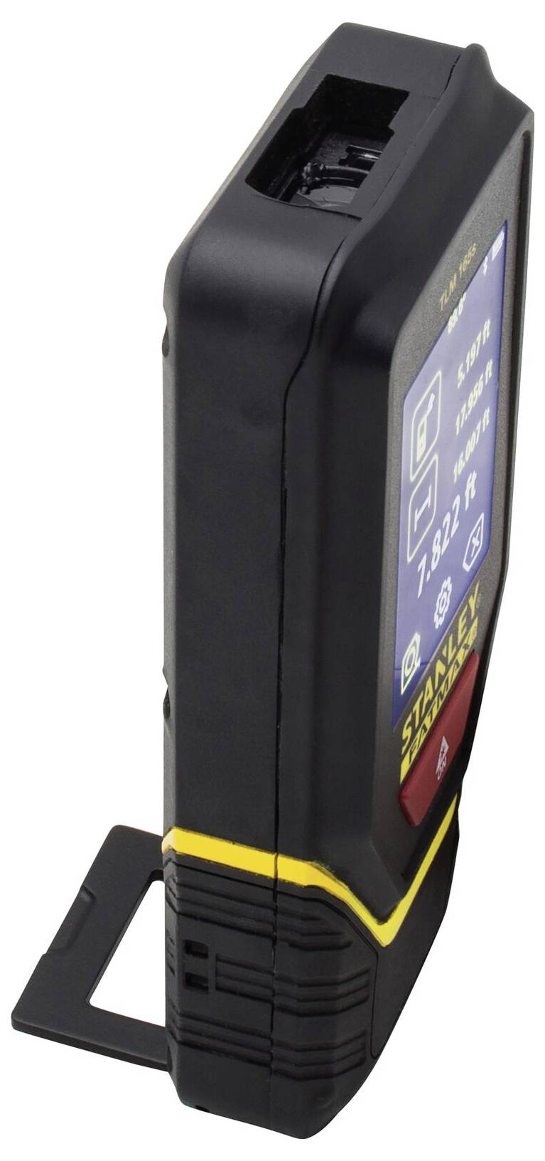 Graficzny laserowy miernik odległości z wyświetlaczem cyfrowym. Wyświetla pomiary i posiada wytrzymałą obudowę z żółtymi i czarnymi akcentami.