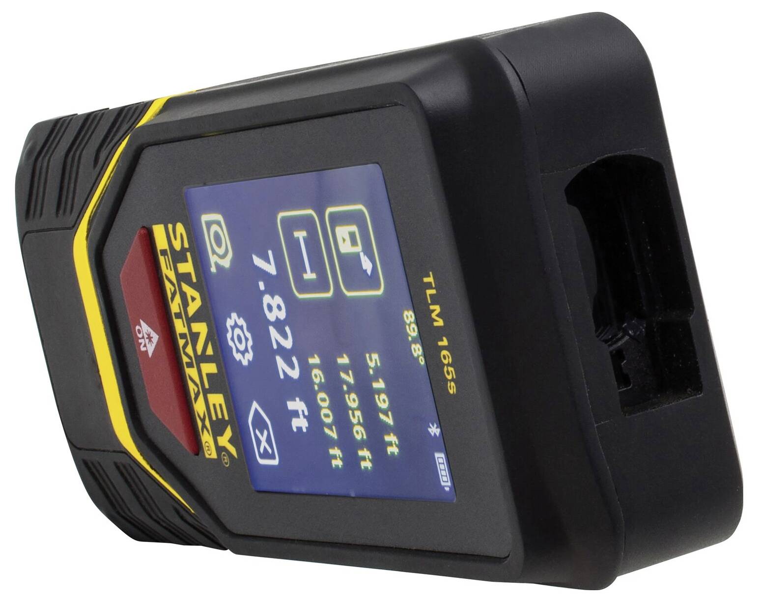 Elektroniczny laserowy miernik odległości z cyfrowym wyświetlaczem, wskazujący pomiary w stopach. Na obudowie widnieje nazwa marki 'Stanley'.