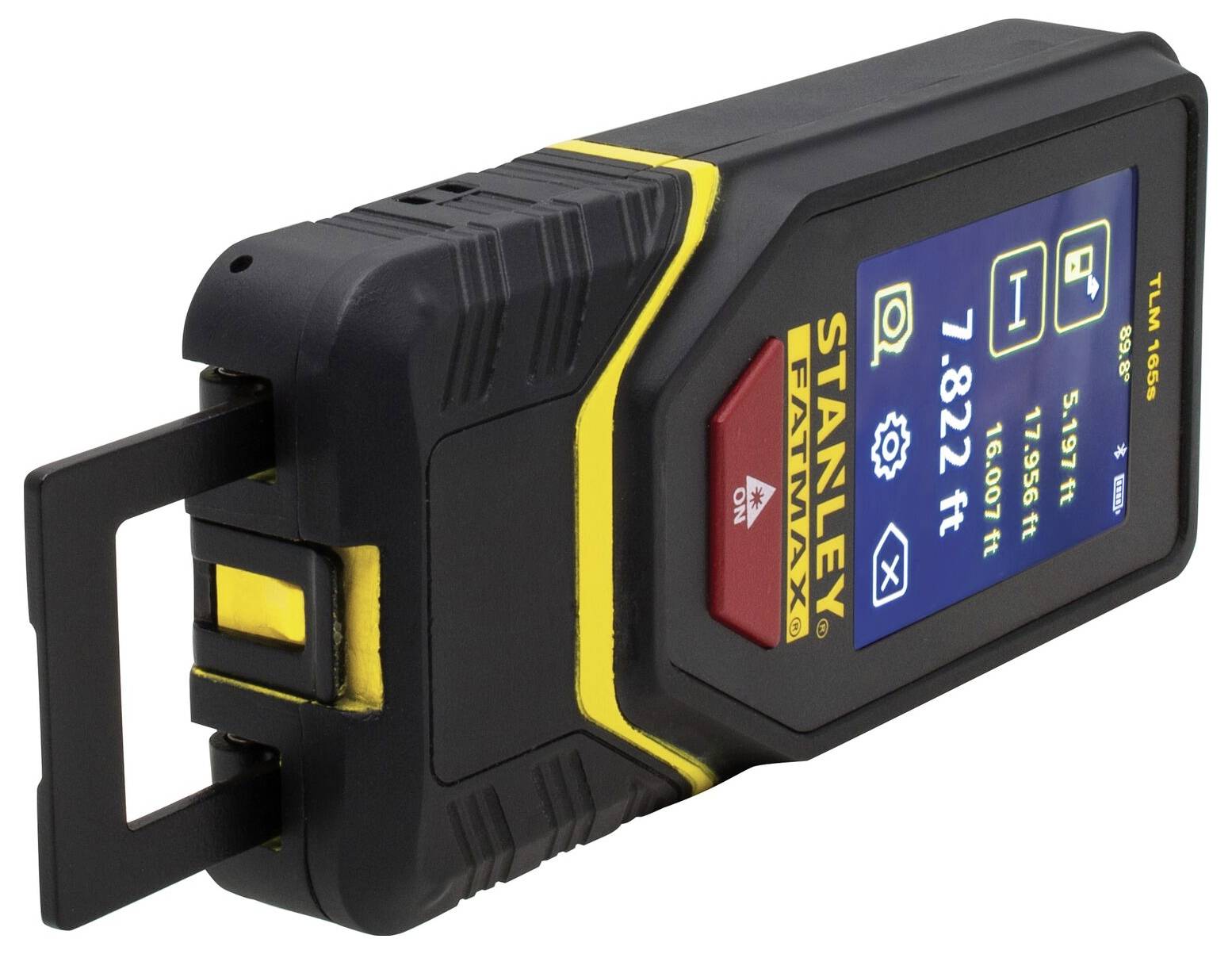 Elektroniczny laserowy miernik odległości z cyfrowym wyświetlaczem, wskazujący odległości w stopach. Urządzenie jest czarne i żółte z uchwytem z boku.