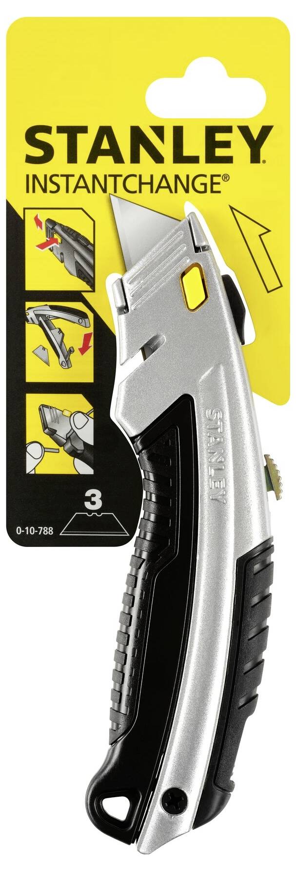 Nóż Stanley Messer z wymiennym ostrzem, czarno-srebrny, na żółtym opakowaniu z instrukcją wymiany ostrza i antypoślizgowym uchwytem.